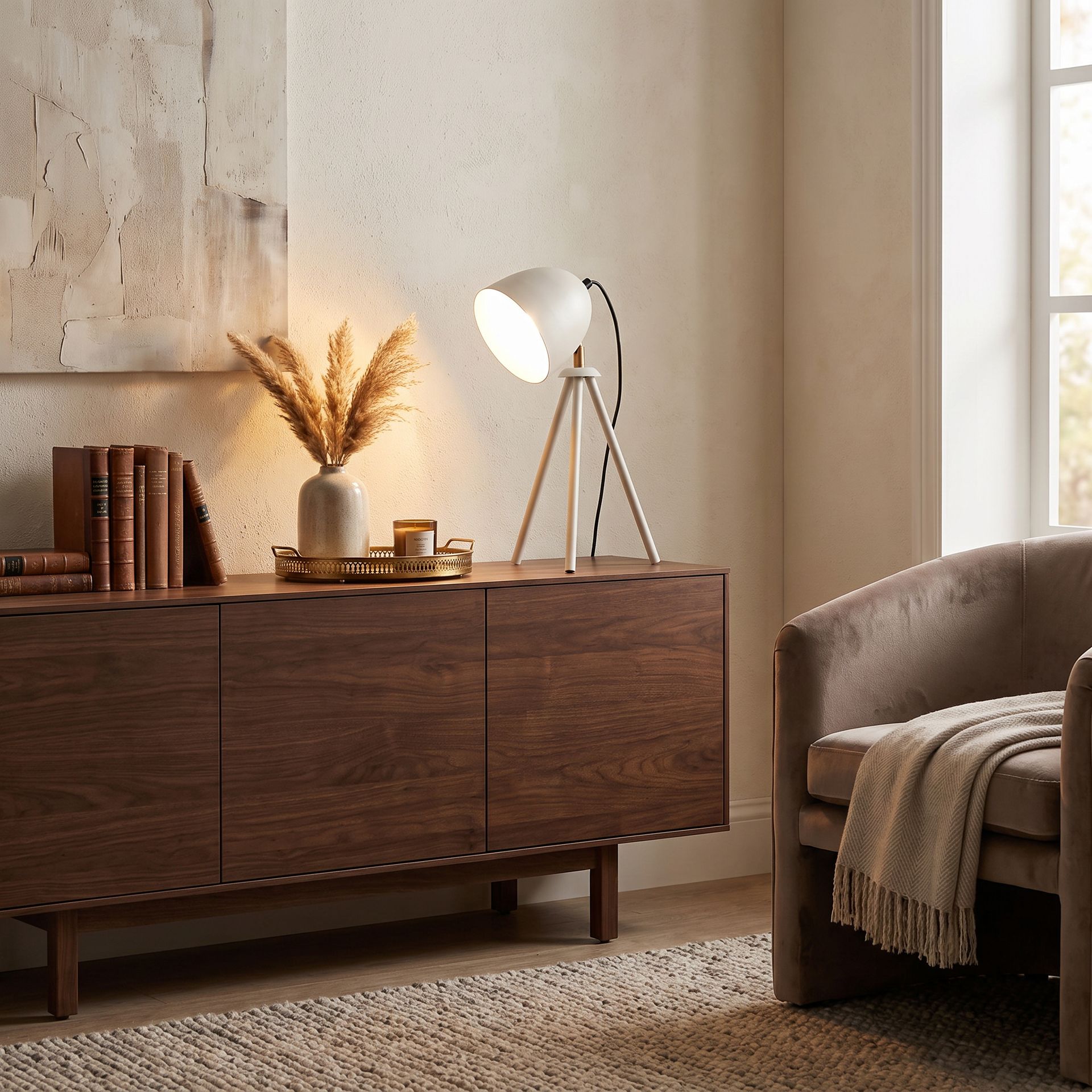 Livspace Anis White Teak Wood Tripod Table Lamp | White Matt