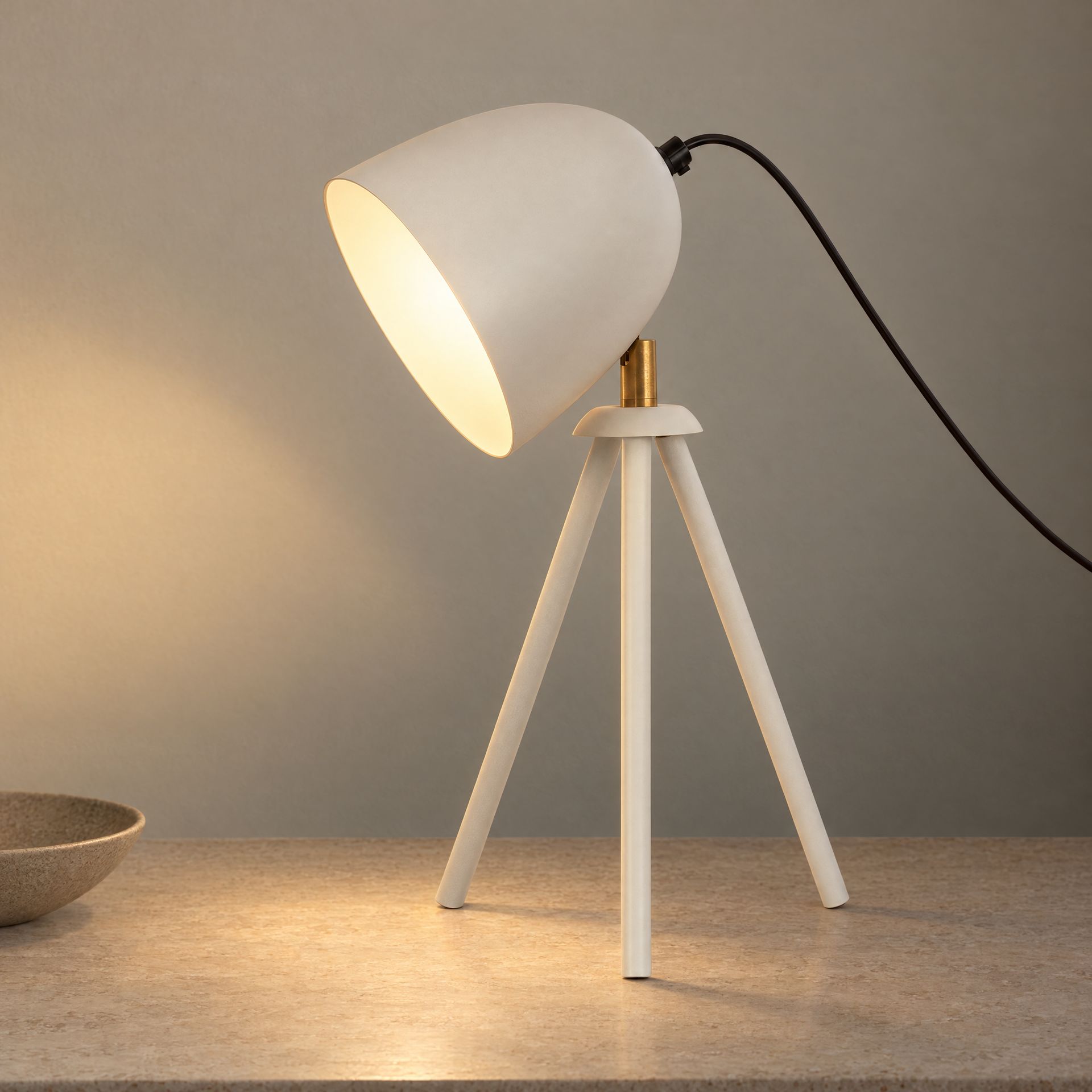 Livspace Anis White Teak Wood Tripod Table Lamp | White Matt