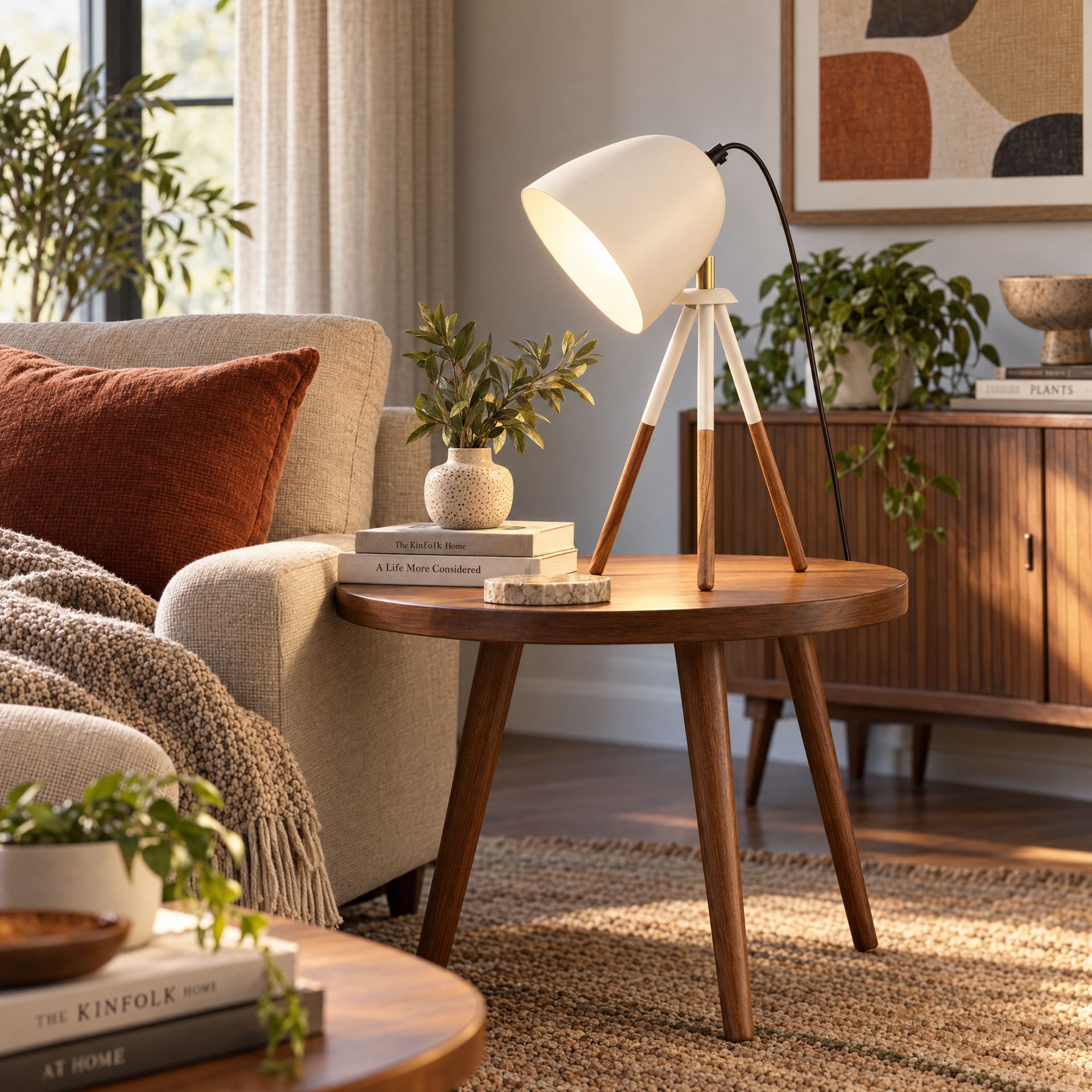 Livspace Bud Teak Metal Table Lamp | White Matt