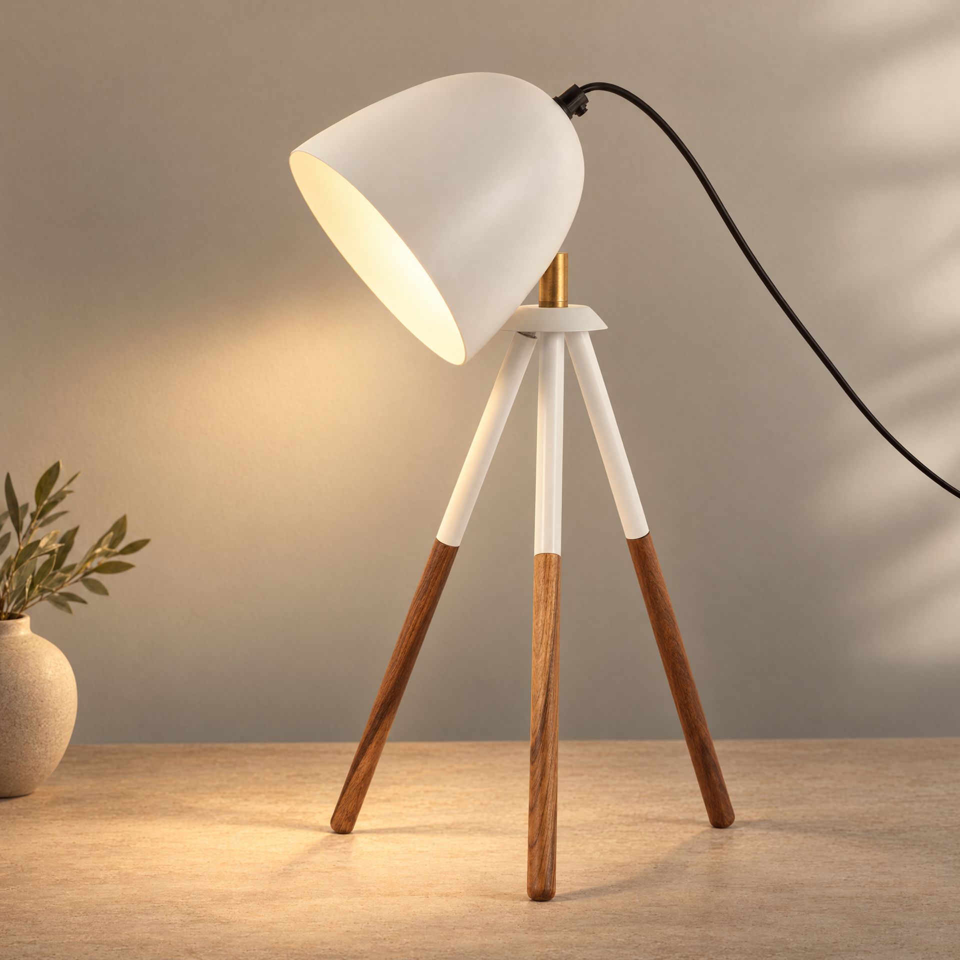 Livspace Bud Teak Metal Table Lamp | White Matt
