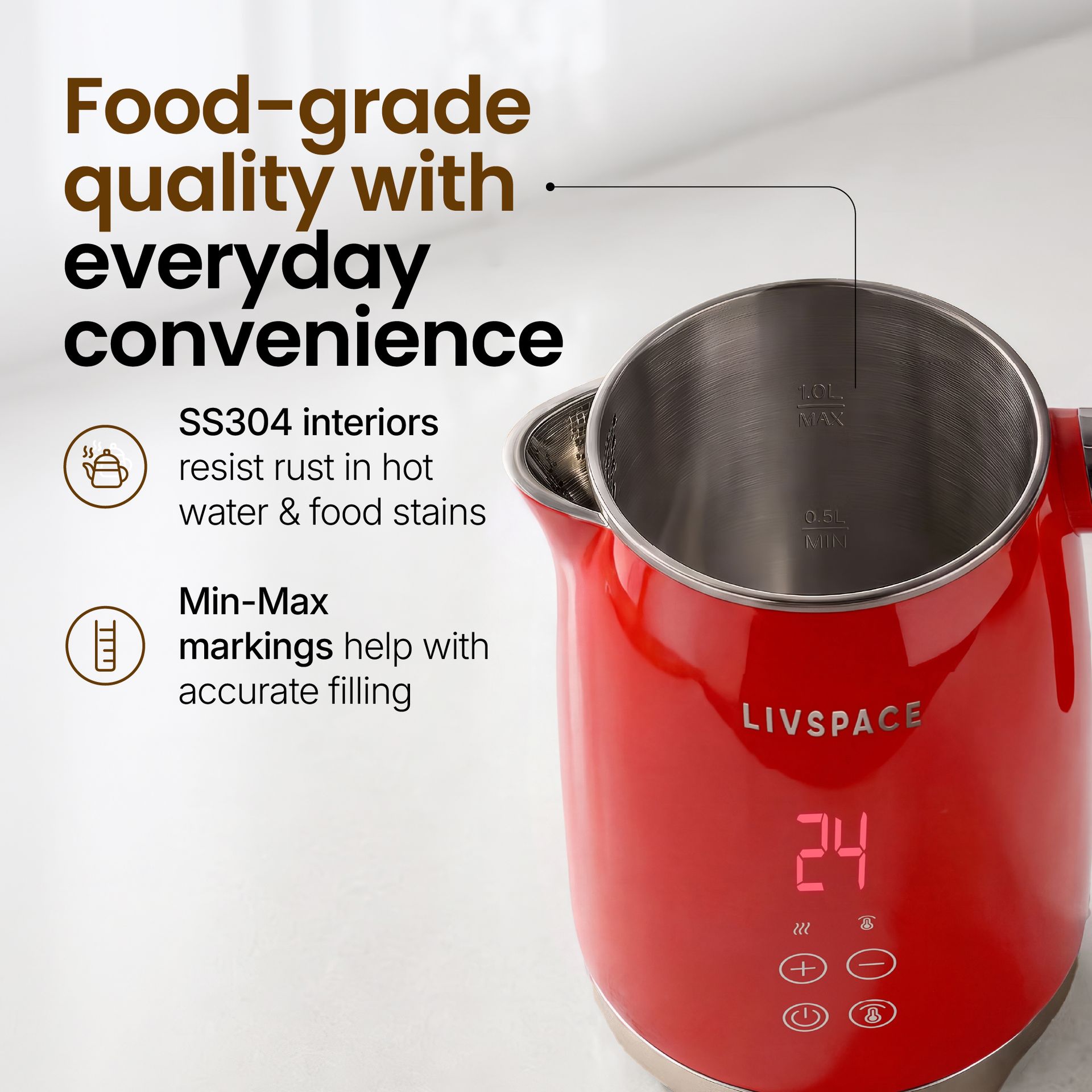 Livspace Digital Kettle 1 L - Red