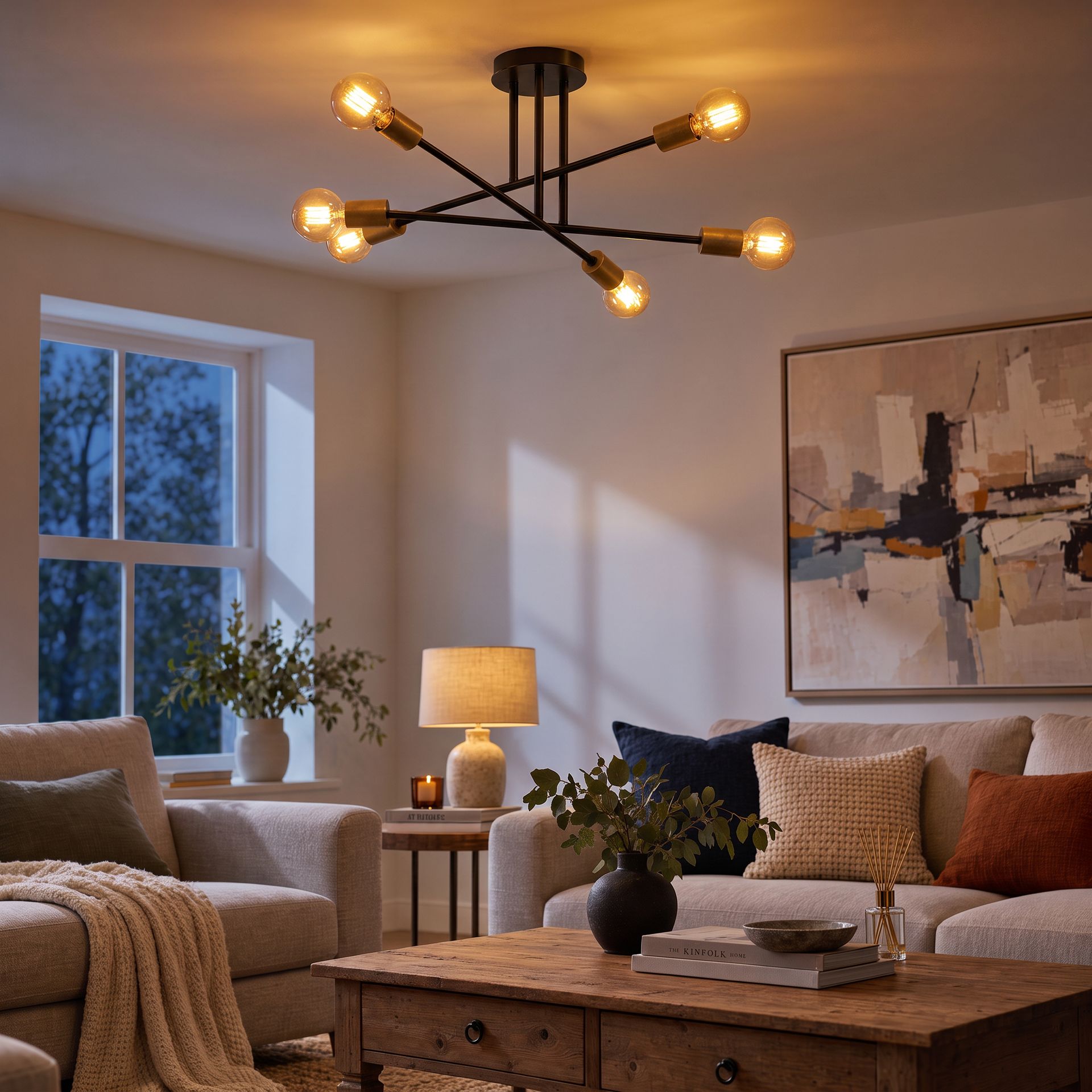 Livspace Kilda Black Metal Sputnik 6 Head Chandelier | Black