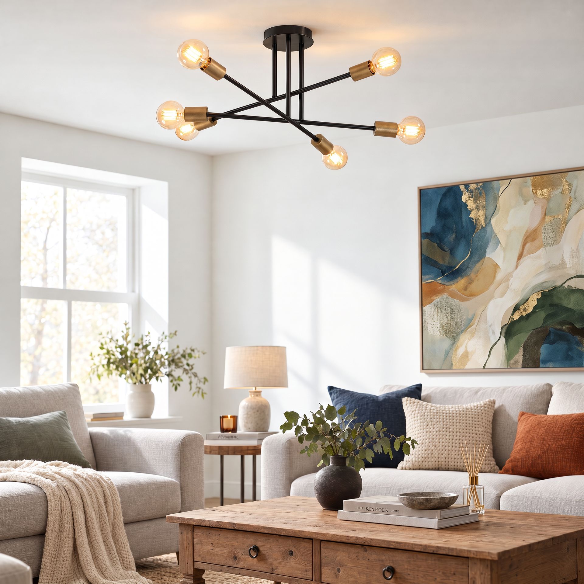 Livspace Kilda Black Metal Sputnik 6 Head Chandelier | Black