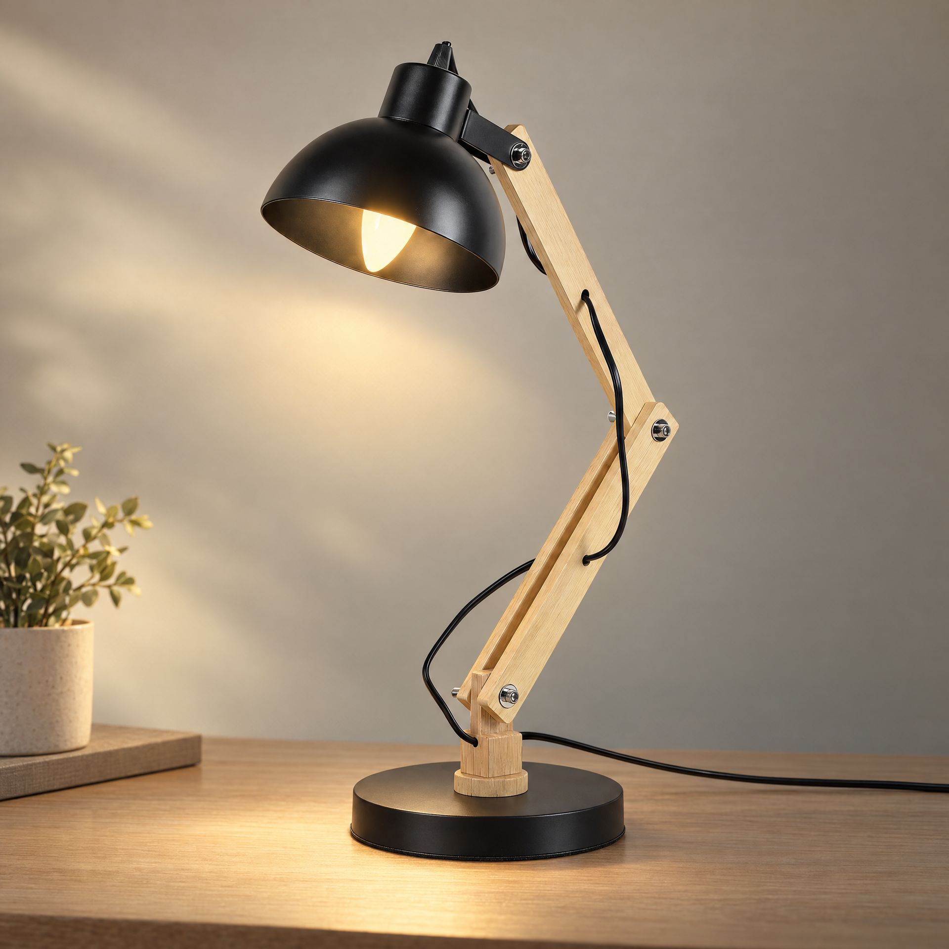 Livspace Modern Nordic Wood & Metal With Black Base Study Lamp | Black