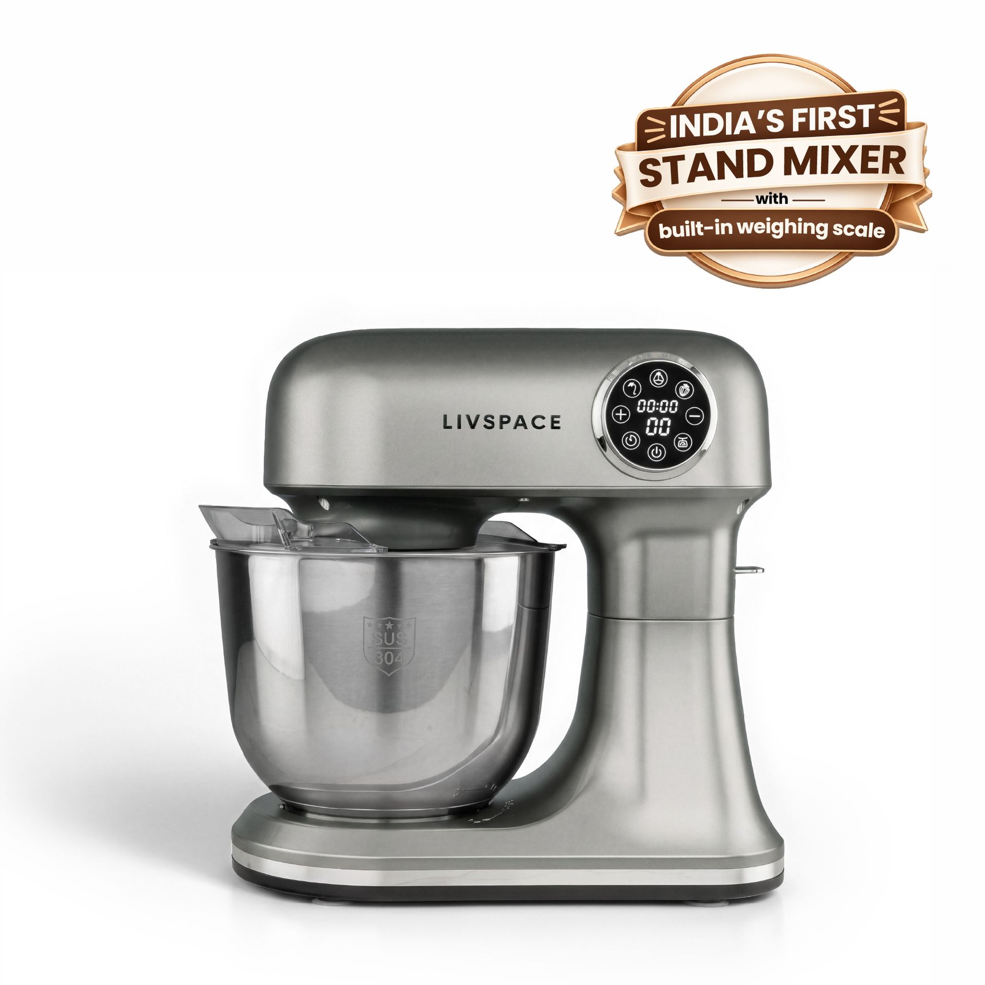 Livspace Stand Mixer with In-built Weight Scale 5 L - Metallic Grey