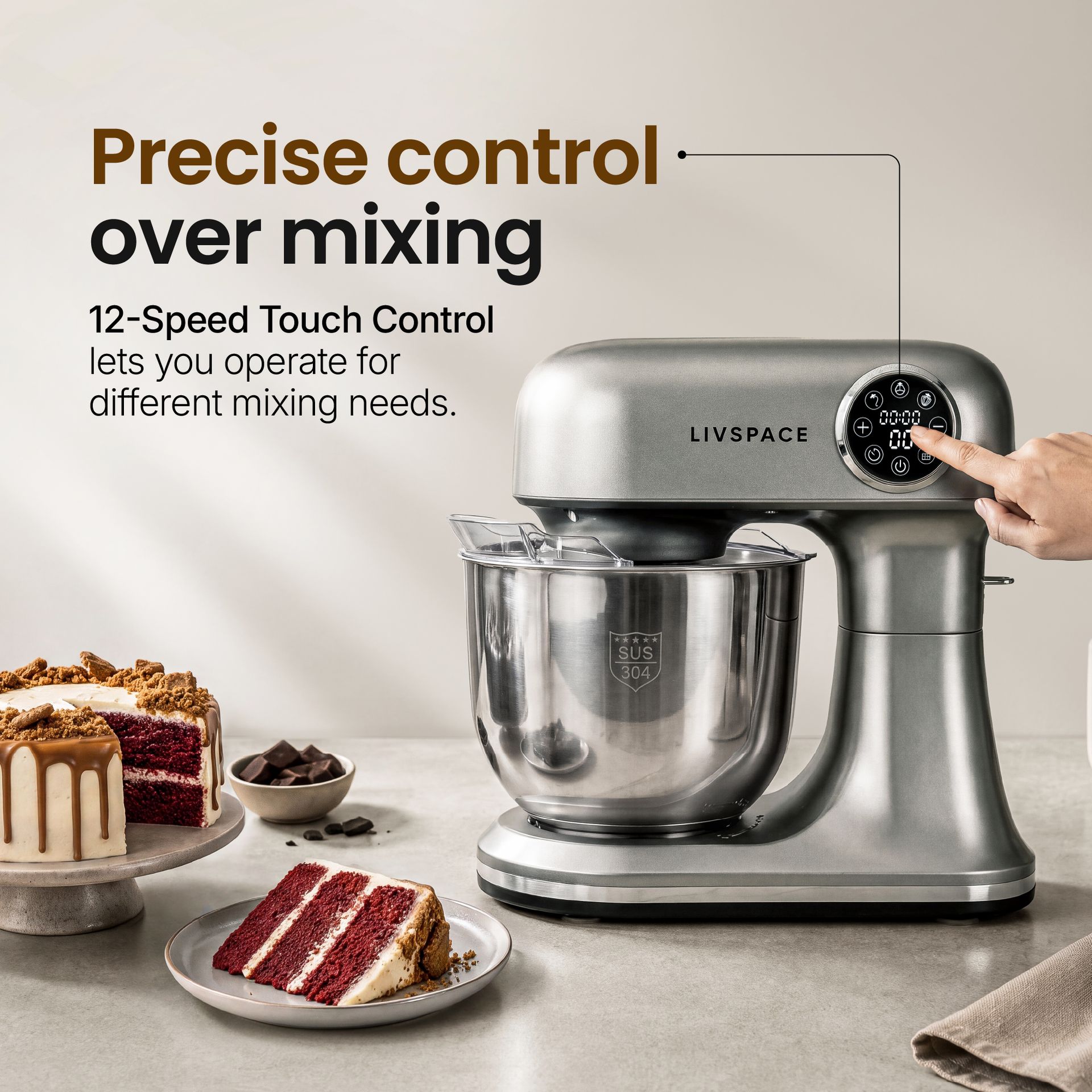 Livspace Stand Mixer with In-built Weight Scale 5 L - Metallic Grey
