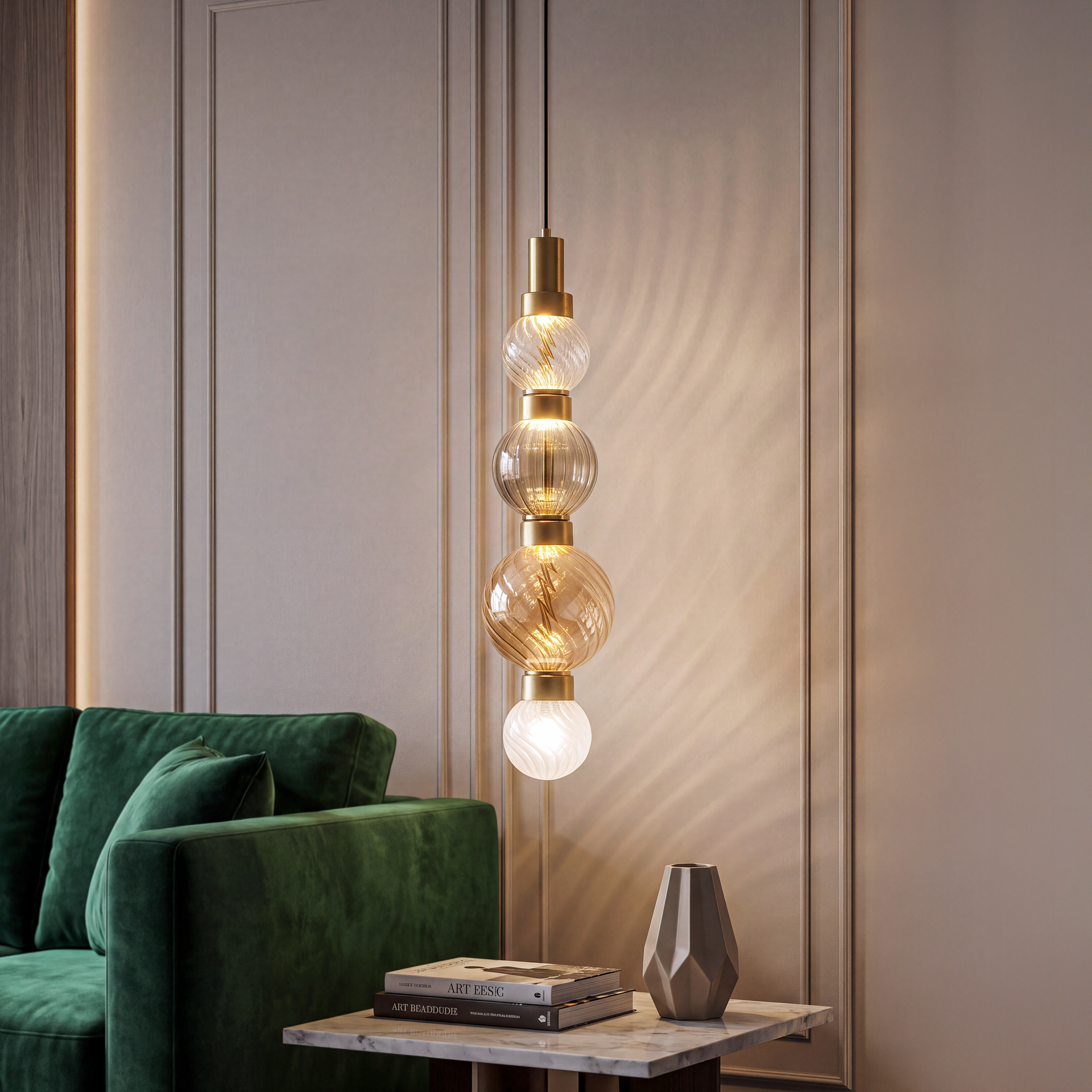 Livspace Strand 4 4 Head Chandelier | Smoke/Amber/Clear + Brass