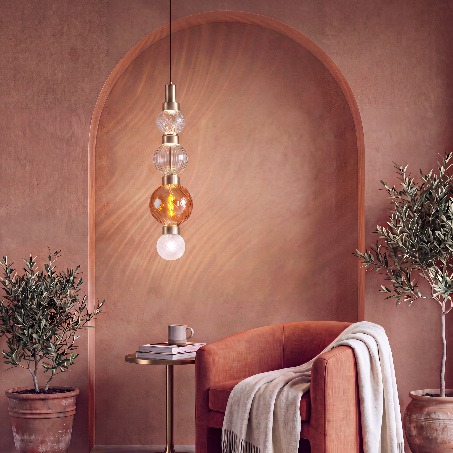 Livspace Strand 4 4 Head Chandelier | Smoke/Amber/Clear + Brass