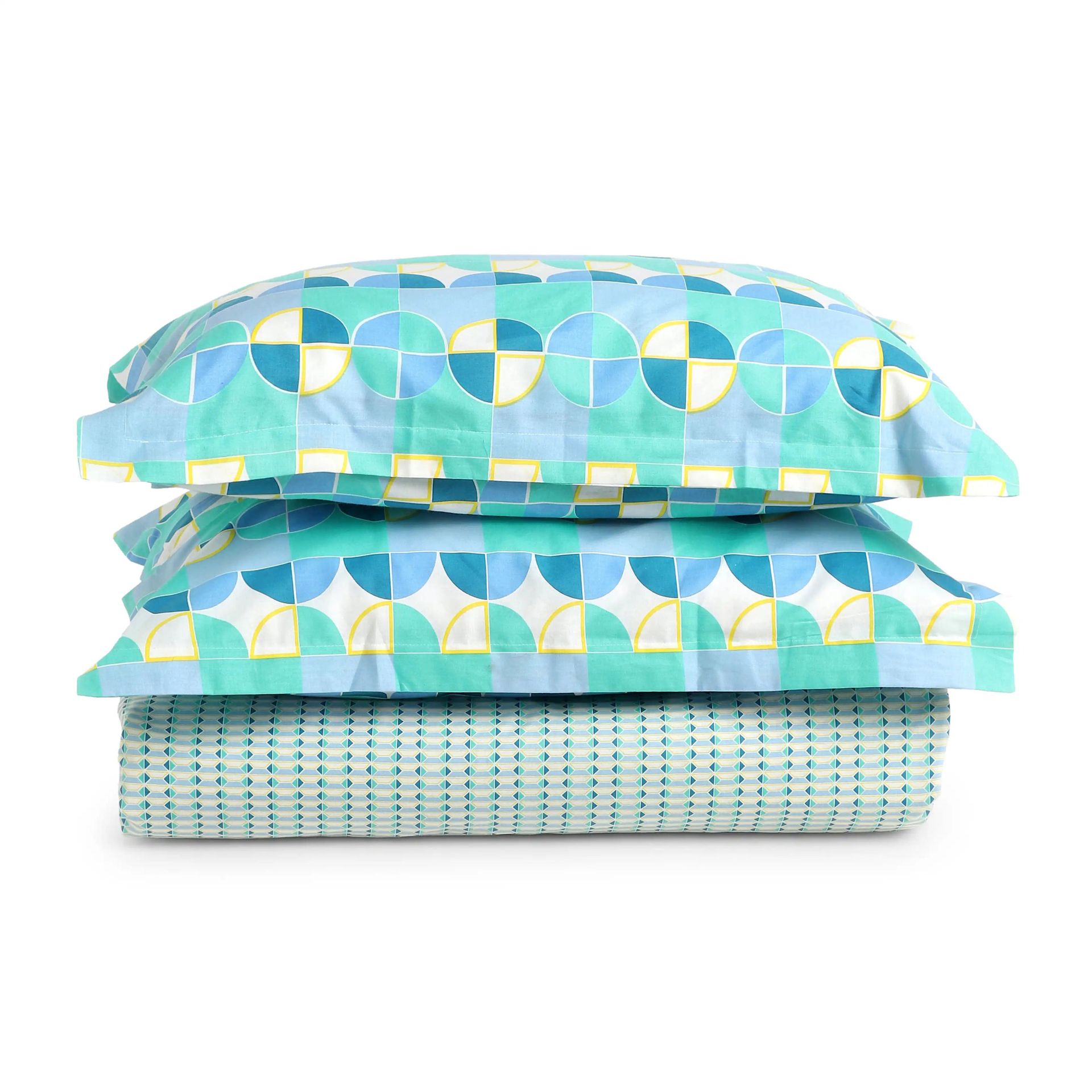 Geometric 144 TC 100% Cotton Kaleido Teal Double Bedsheet Set | Mishella