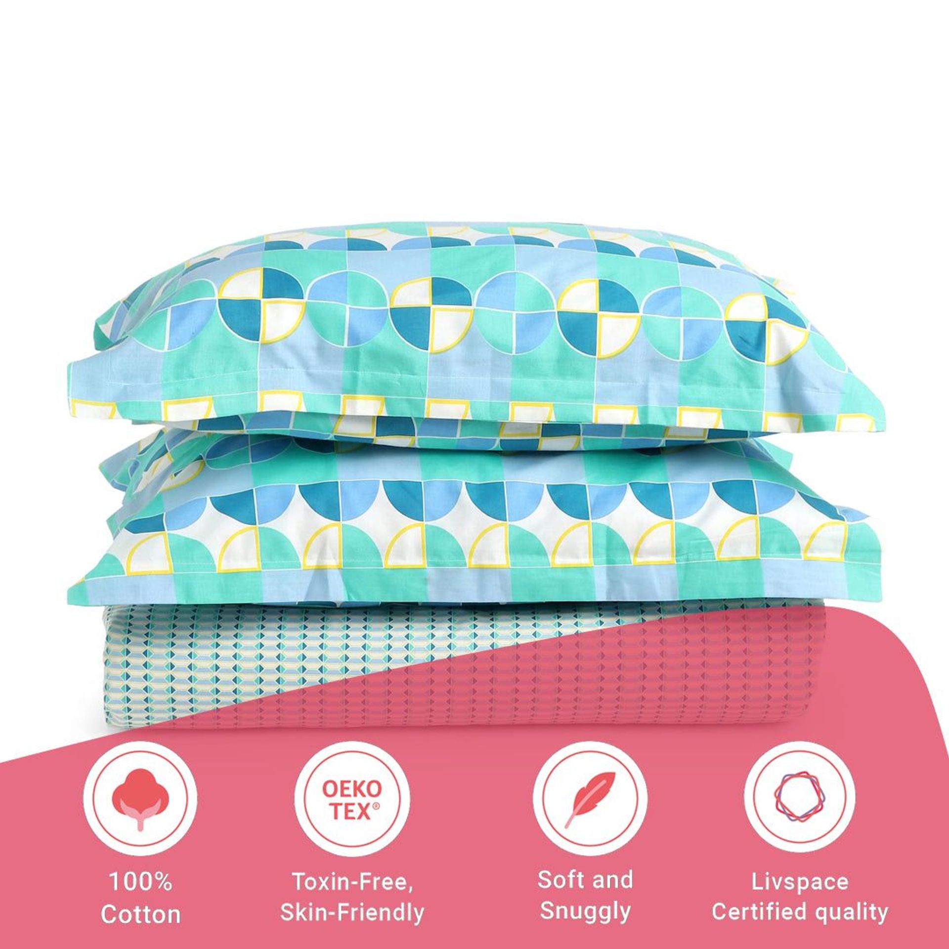 Geometric 144 TC 100% Cotton Kaleido Teal Double Bedsheet Set | Mishella