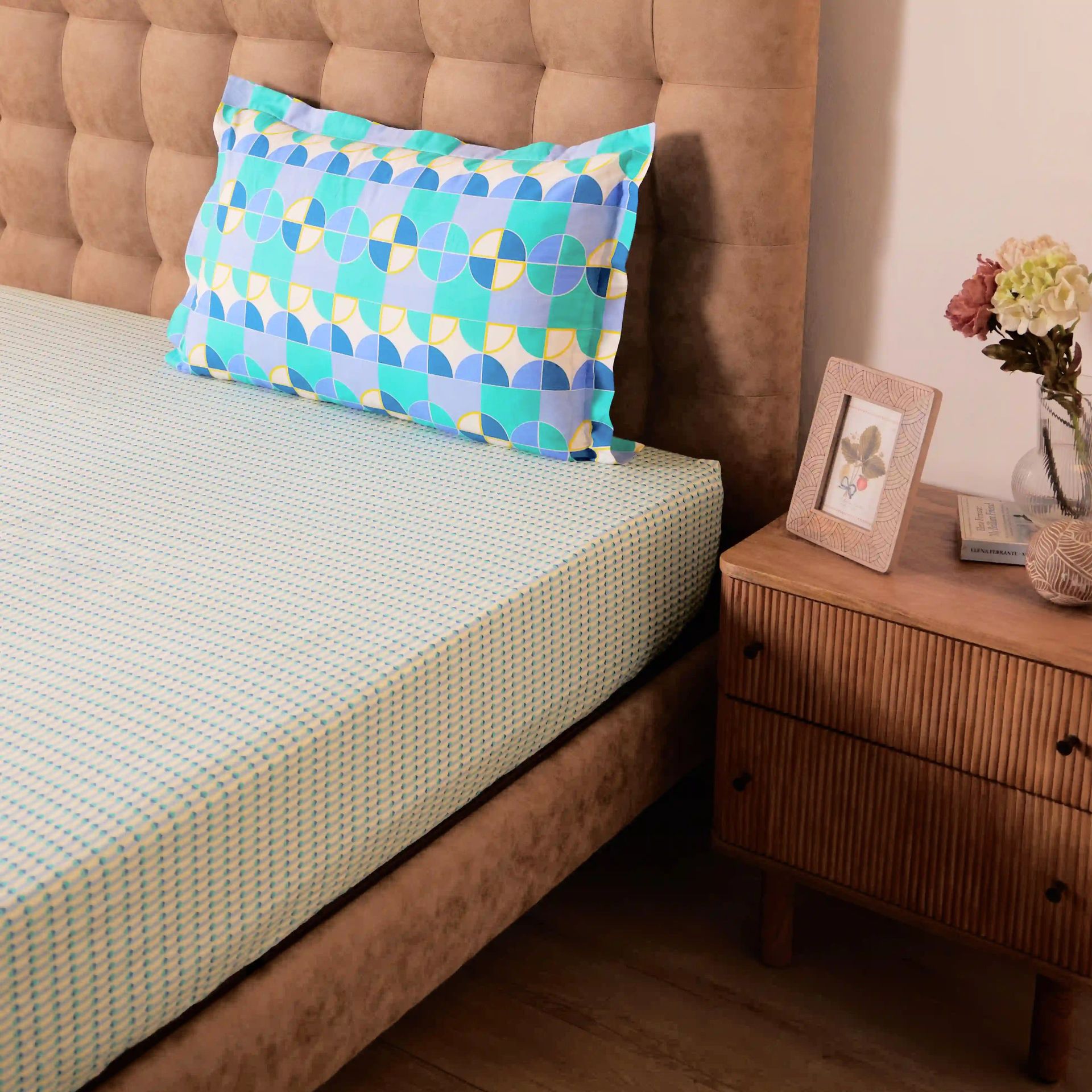 Geometric 144 TC 100% Cotton Kaleido Teal Single Bedsheet Set | Mishella