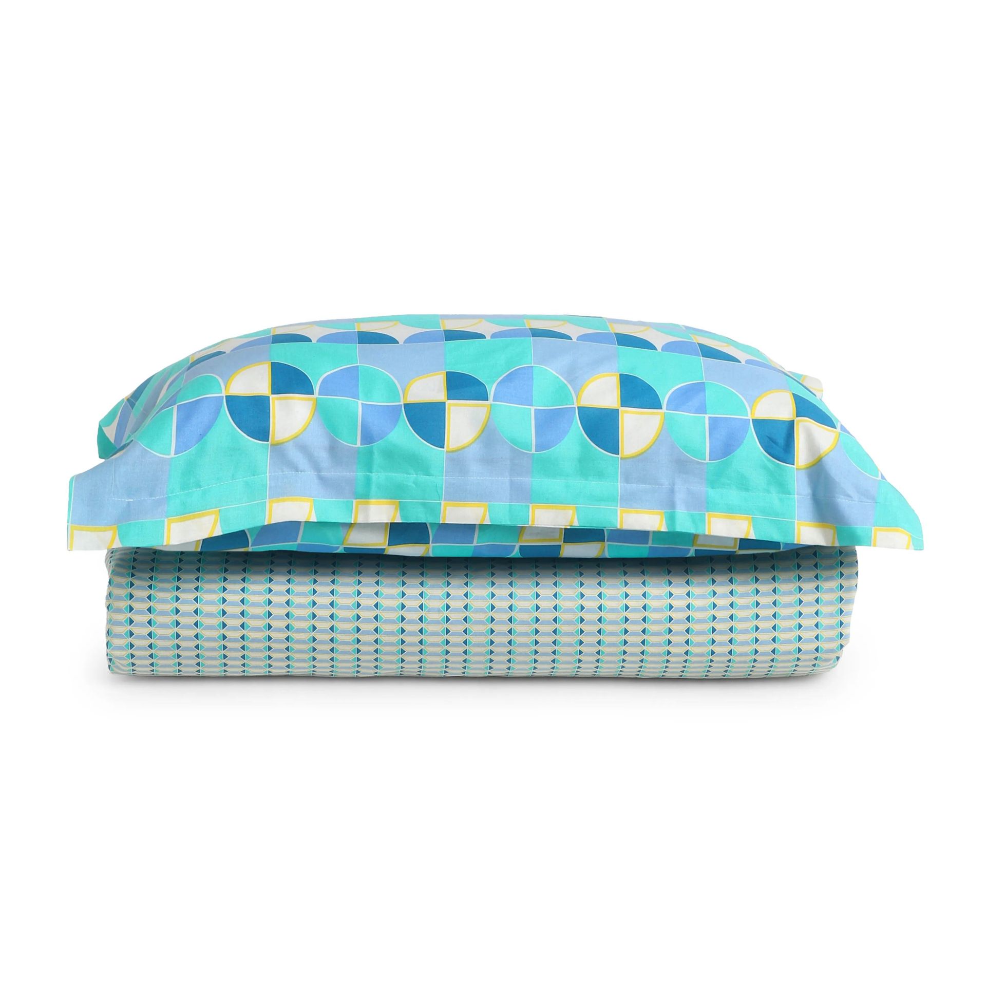 Geometric 144 TC 100% Cotton Kaleido Teal Single Bedsheet Set | Mishella