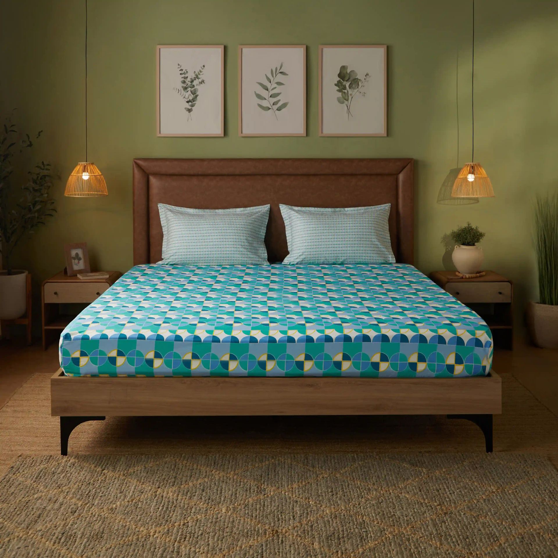 Geometric 144 TC 100% Cotton Orbit Teal Double Bedsheet Set | Mishella