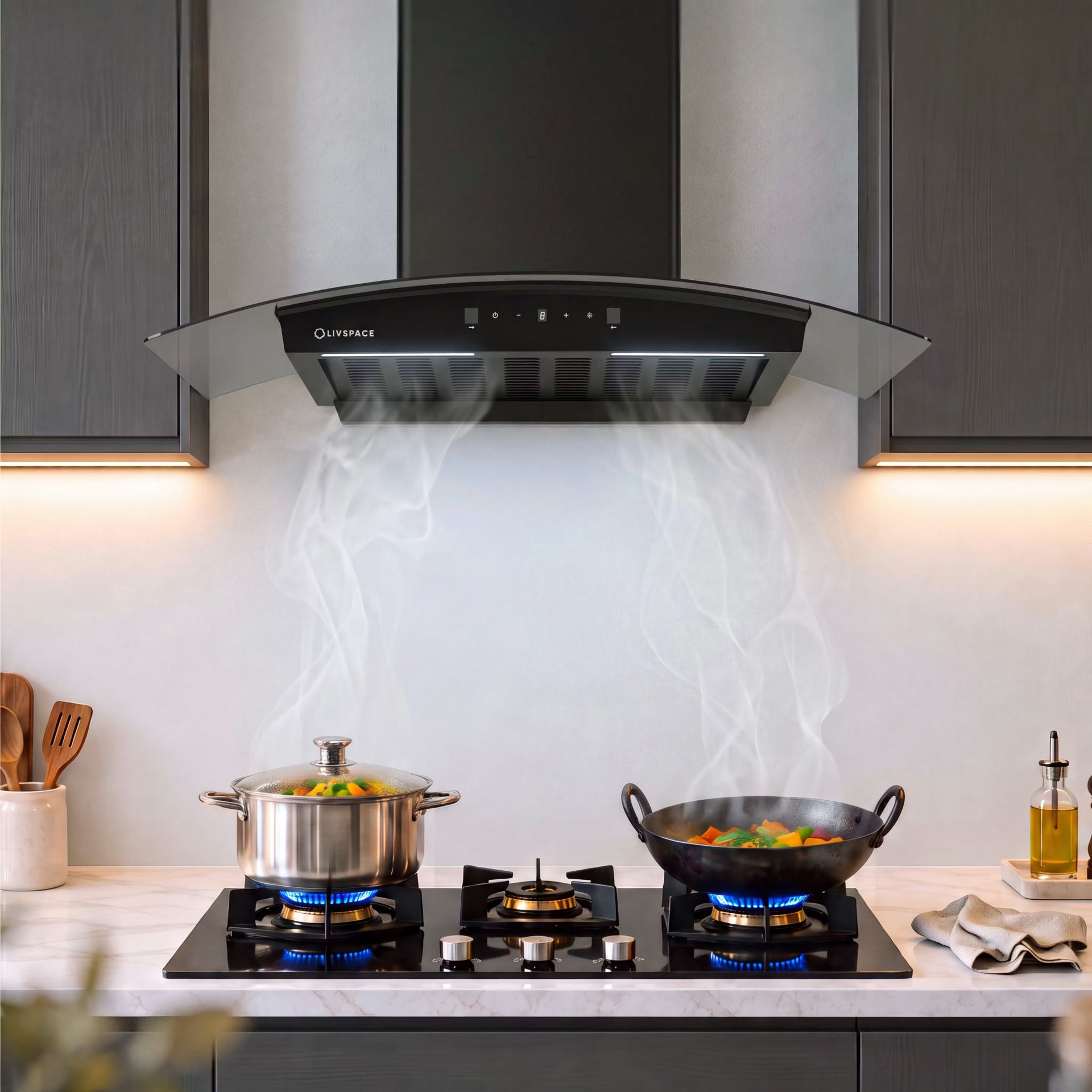 Optima 90 cm Curved Chimney | Ducted 1200 m3/h Suction | Auto Clean