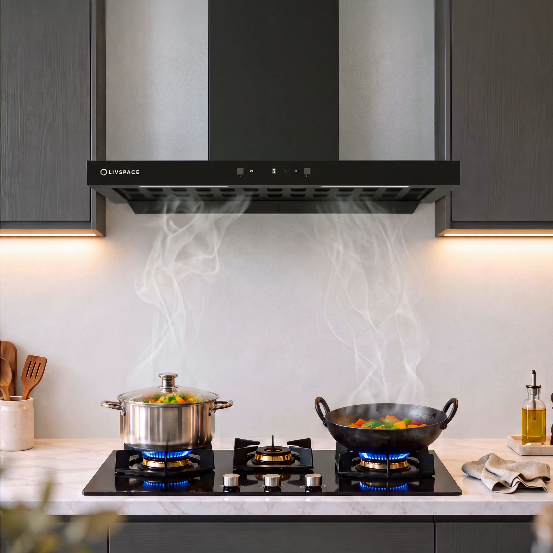 Optima 90 cm T-Shaped Chimney | Ducted 1200 m3/h Suction | Auto Clean