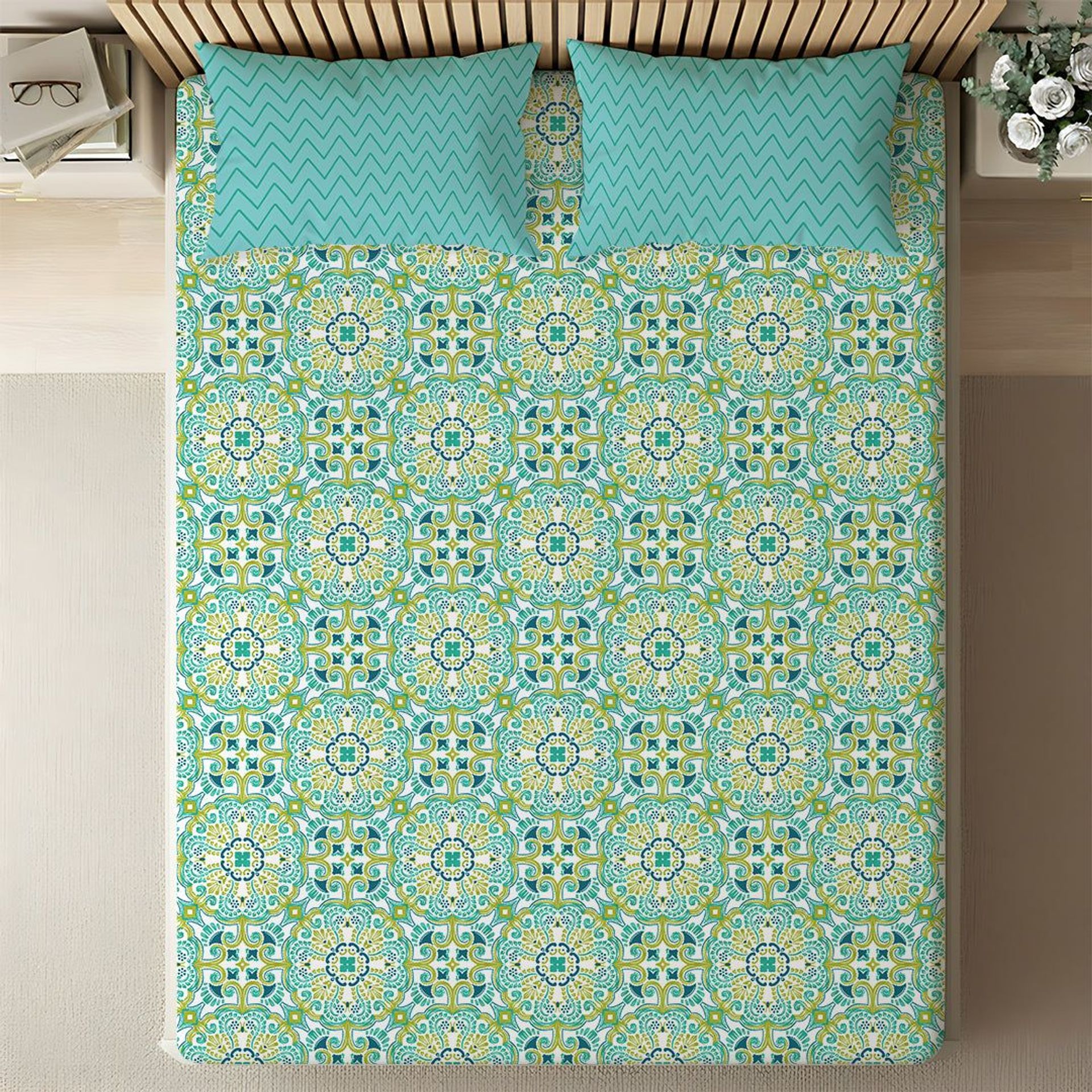 Ethnic 144 TC 100% Cotton Teal Queen Bedsheet Set | Pure Nest