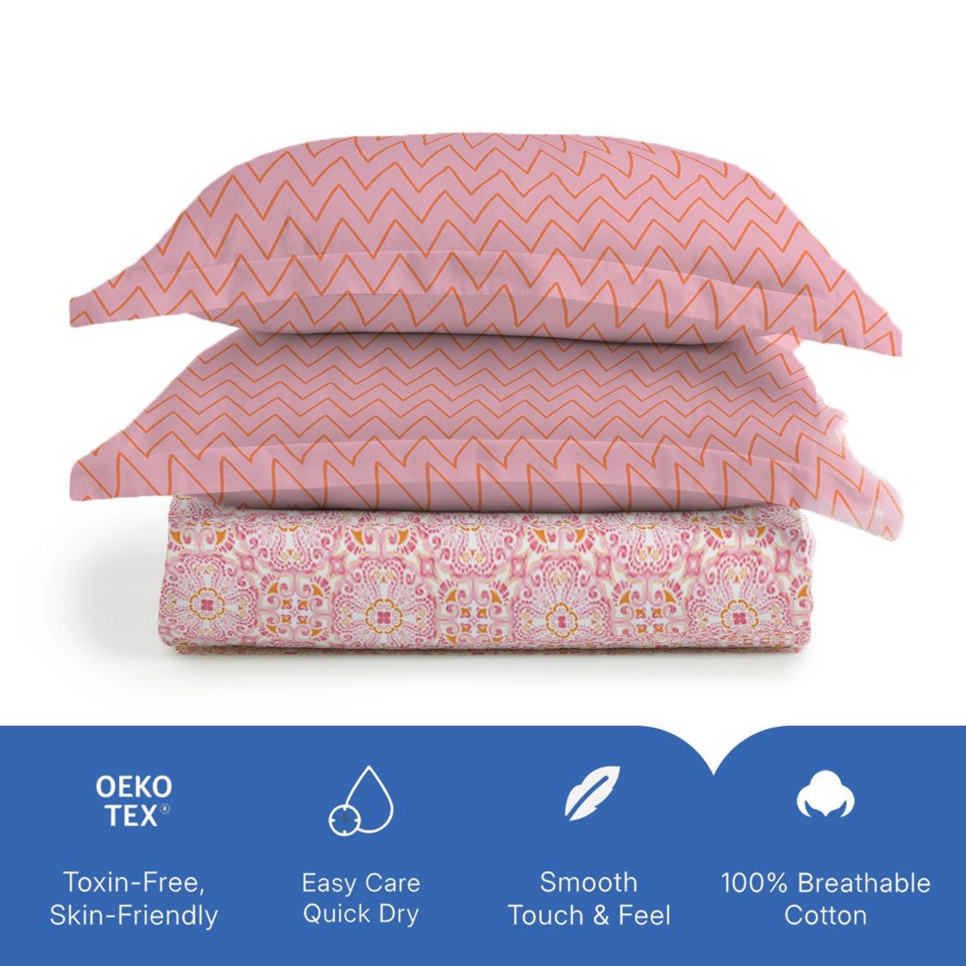 Ethnic 144 TC 100% Cotton Pink Queen Bedsheet Set | Pure Nest