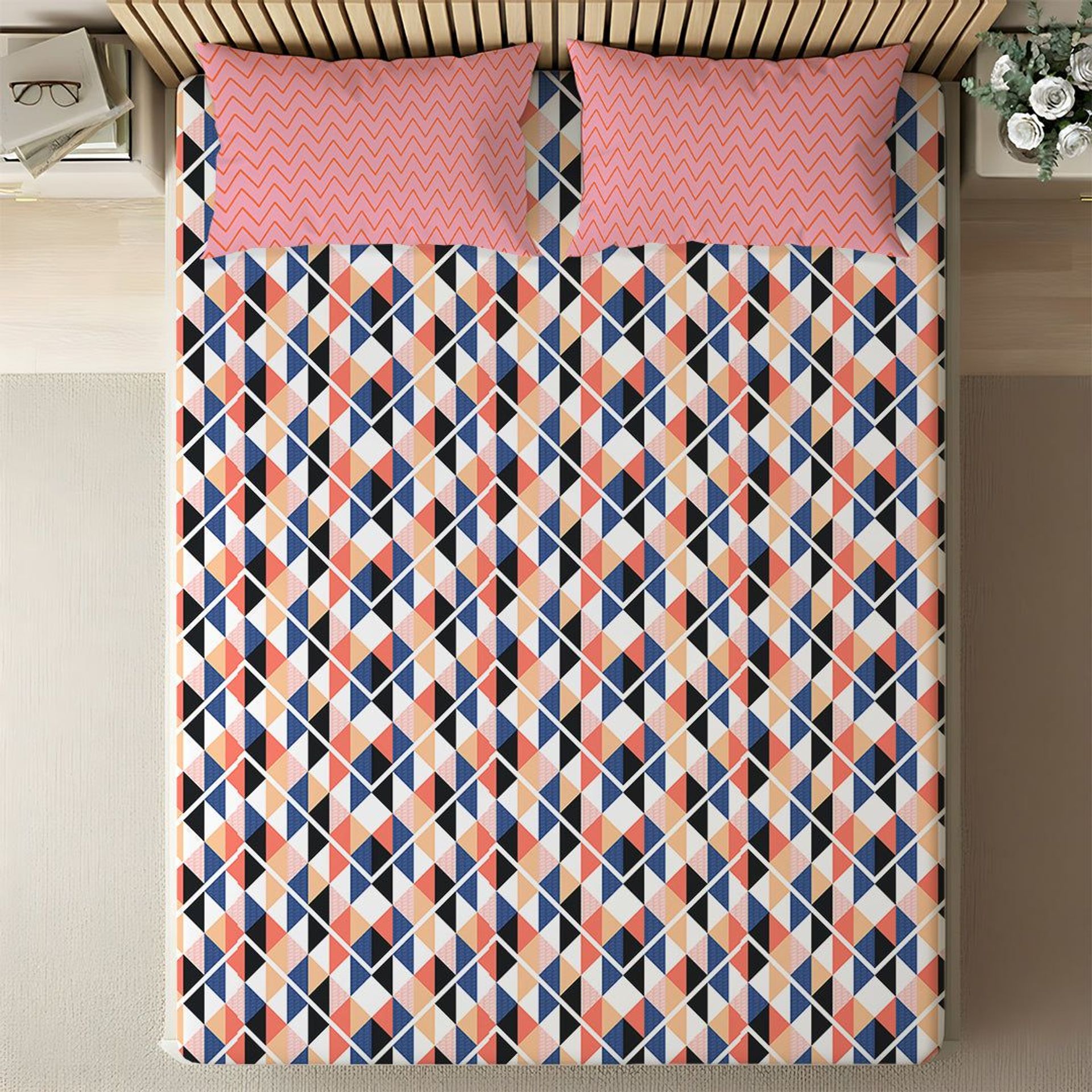 Geometric 144 TC 100% Cotton Pink Blue King Bedsheet Set | Pure Nest