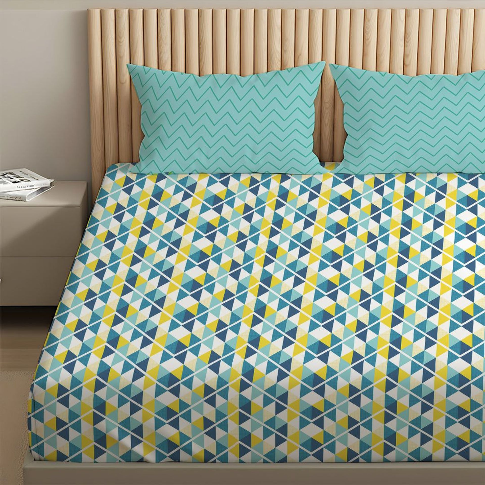 Geometric 144 TC 100% Cotton Tasello Teal King Bedsheet Set | Pure Nest