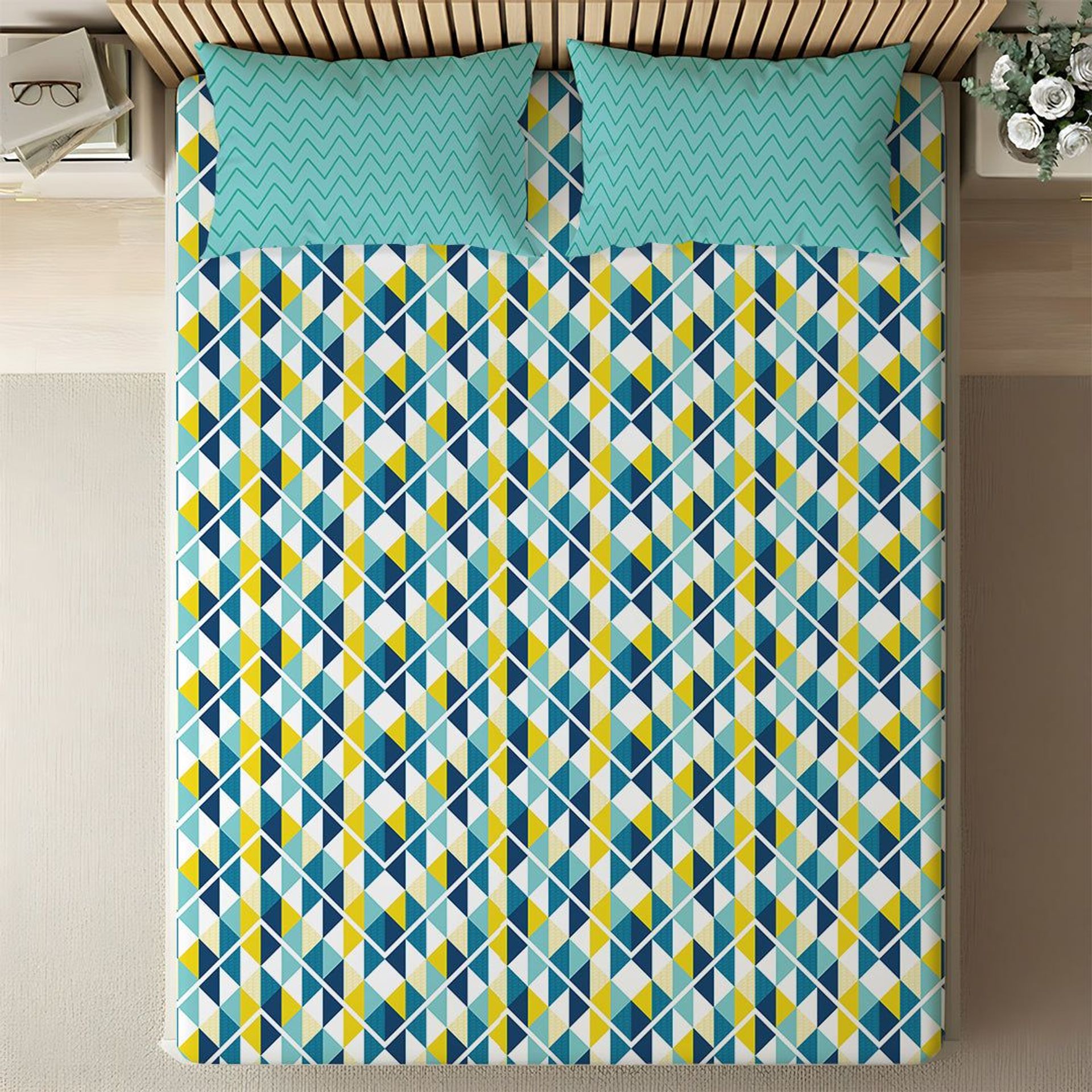 Geometric 144 TC 100% Cotton Tasello Teal King Bedsheet Set | Pure Nest