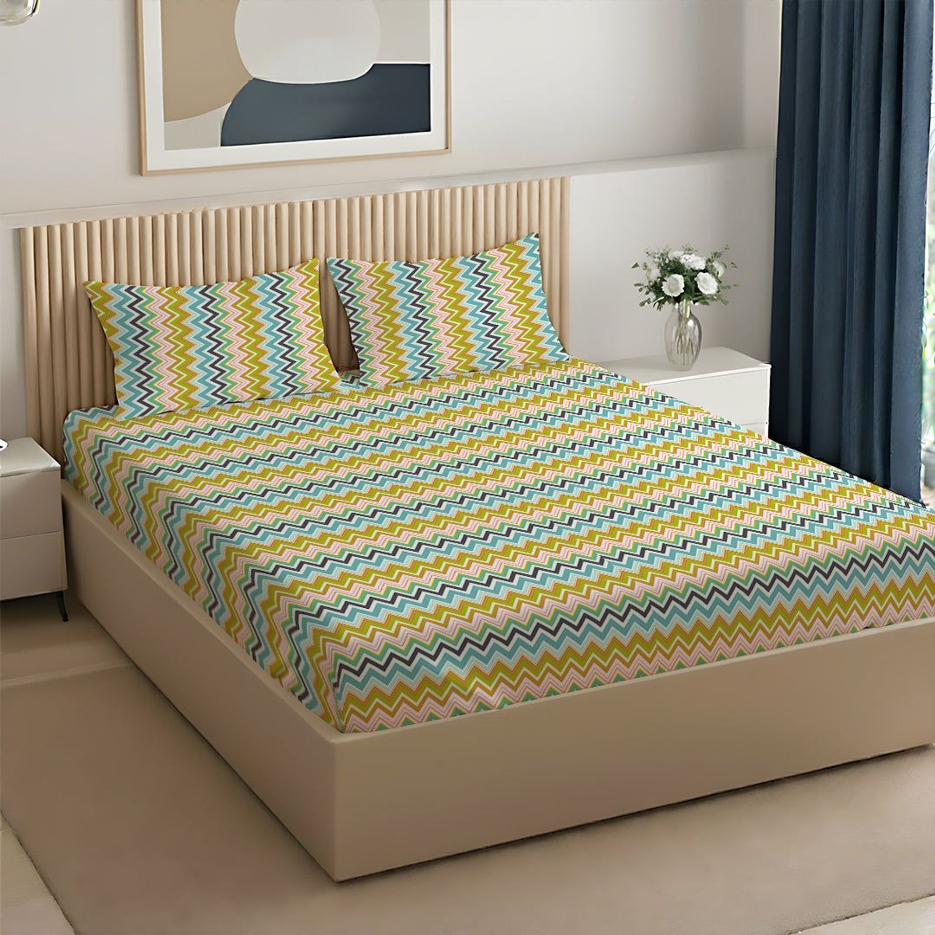 Geometric 144 TC 100% Cotton Orange Queen Bedsheet Set | Pure Nest