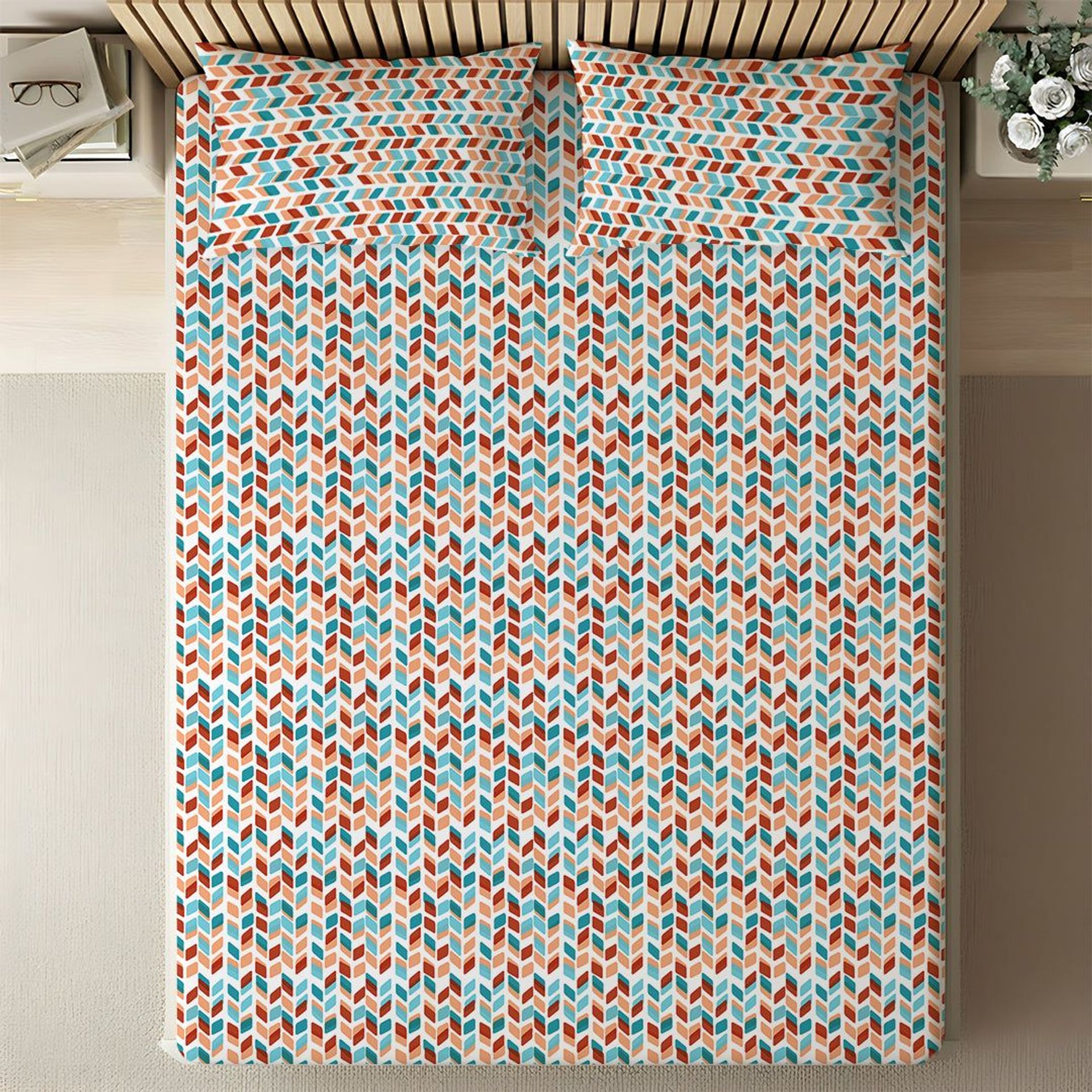 Geometric 144 TC 100% Cotton Blue Rust King Bedsheet Set | Pure Nest