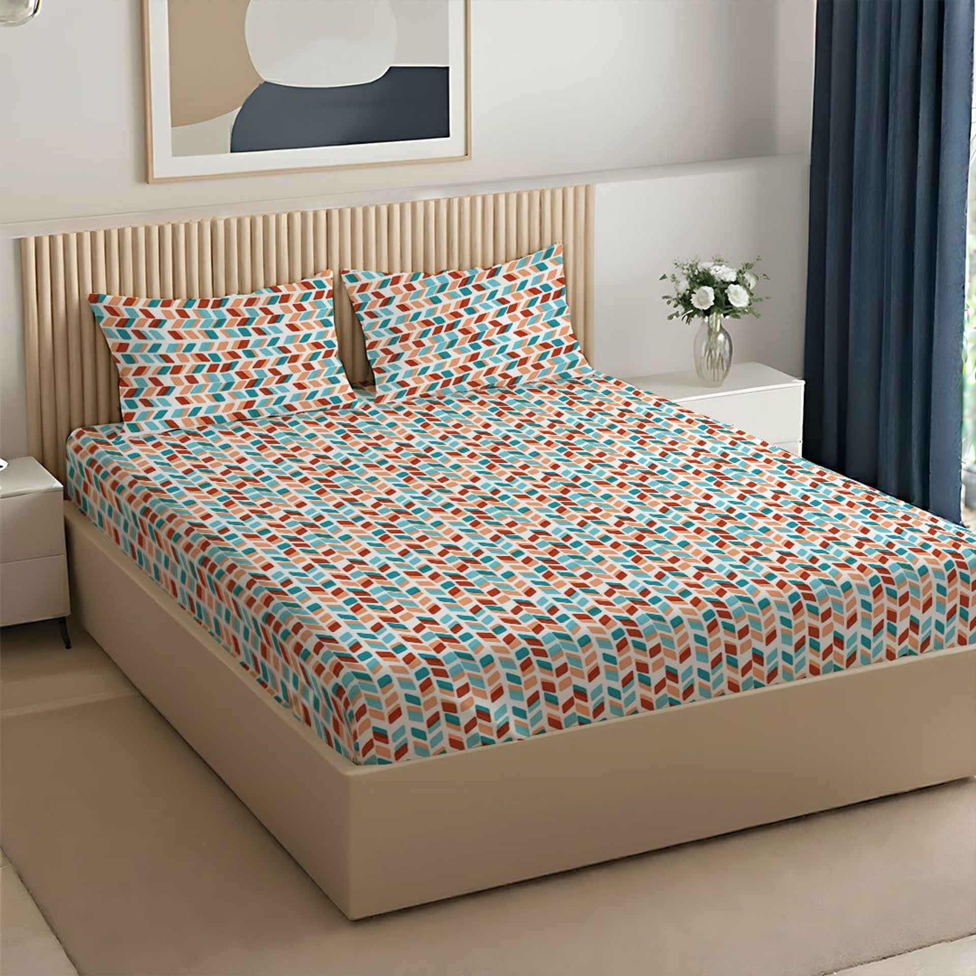 Geometric 144 TC 100% Cotton Blue Rust King Bedsheet Set | Pure Nest