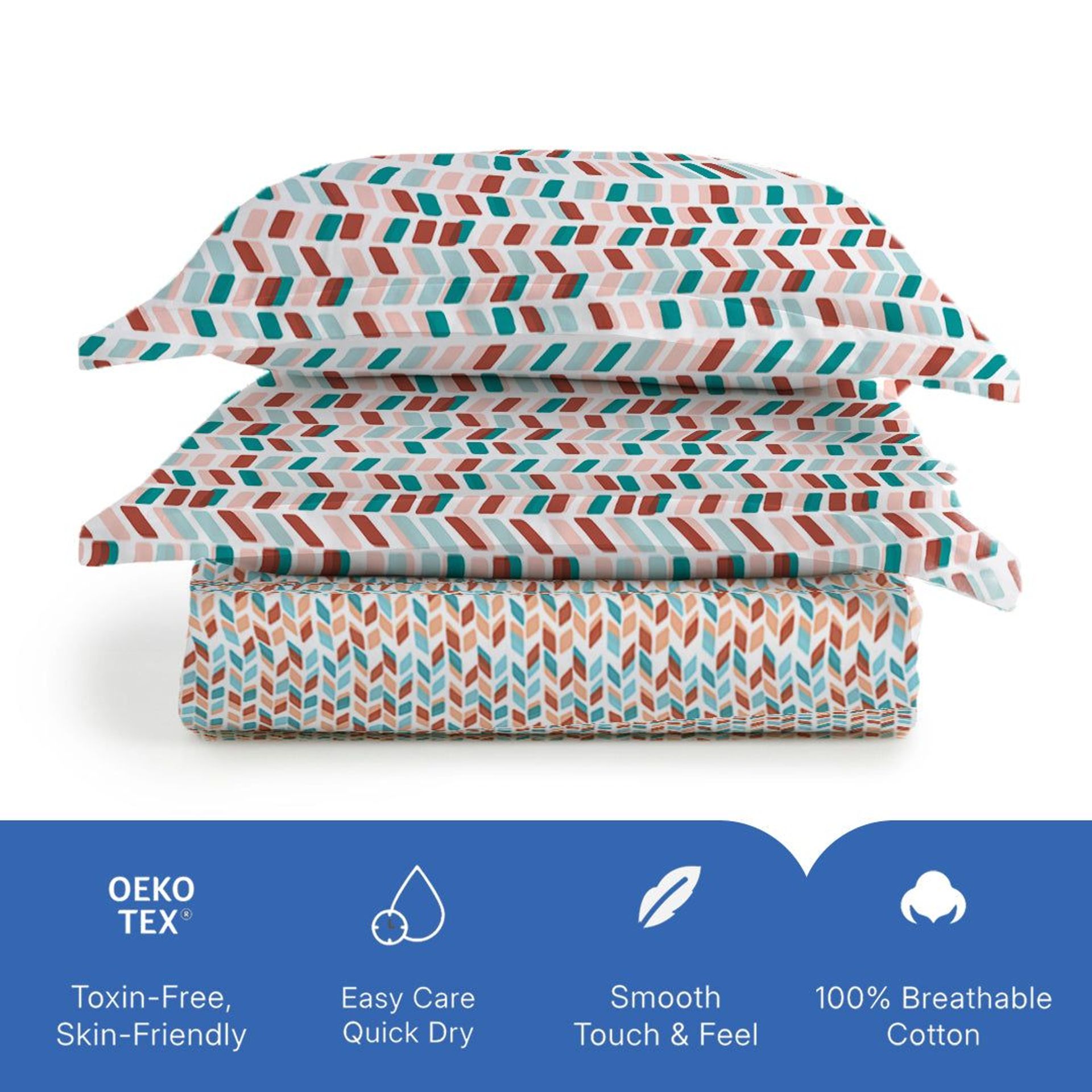 Geometric 144 TC 100% Cotton Blue Rust King Bedsheet Set | Pure Nest
