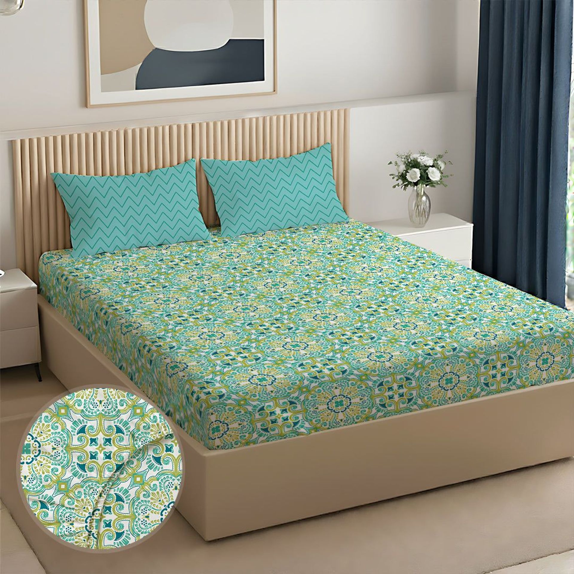Ethnic 144 TC 100% Cotton Teal Queen Fitted Sheet Set | Pure Nest