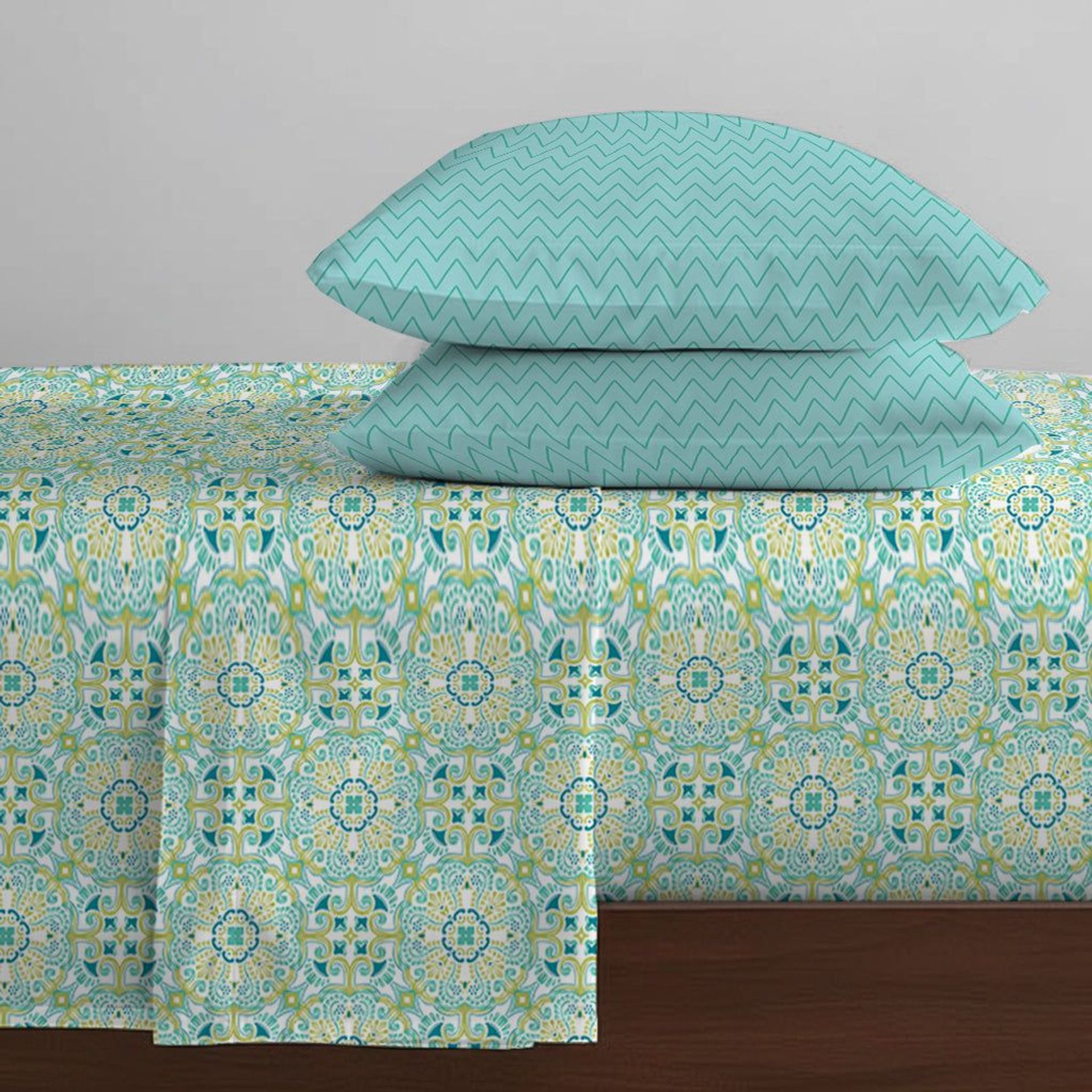 Ethnic 144 TC 100% Cotton Teal Queen Fitted Sheet Set | Pure Nest