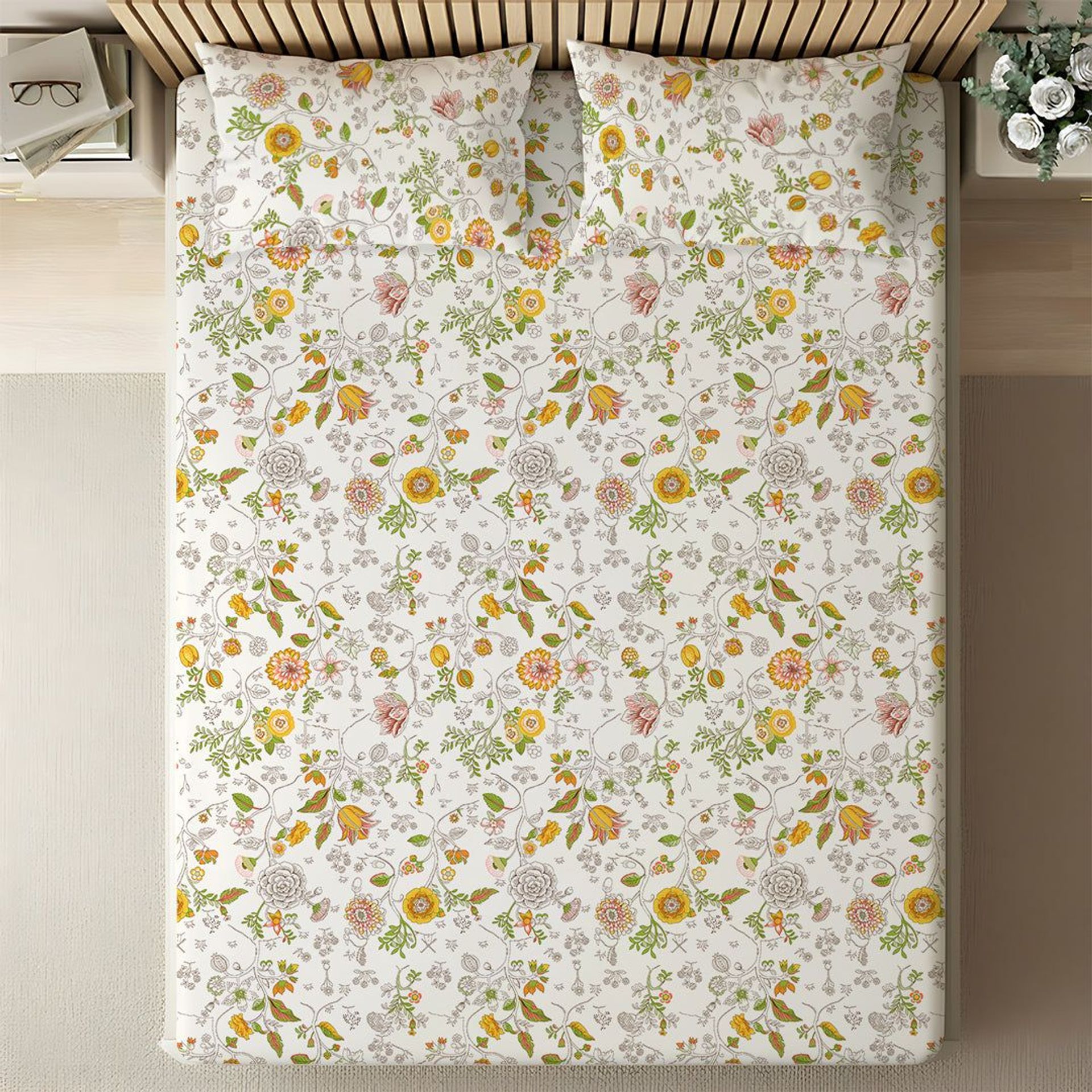 Floral 144 TC 100% Cotton Yellow King Fitted Sheet Set | Pure Nest