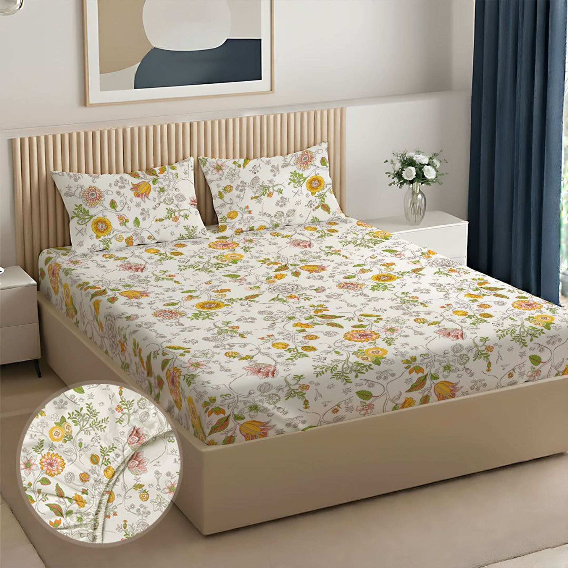 Floral 144 TC 100% Cotton Yellow Queen Fitted Sheet Set | Pure Nest