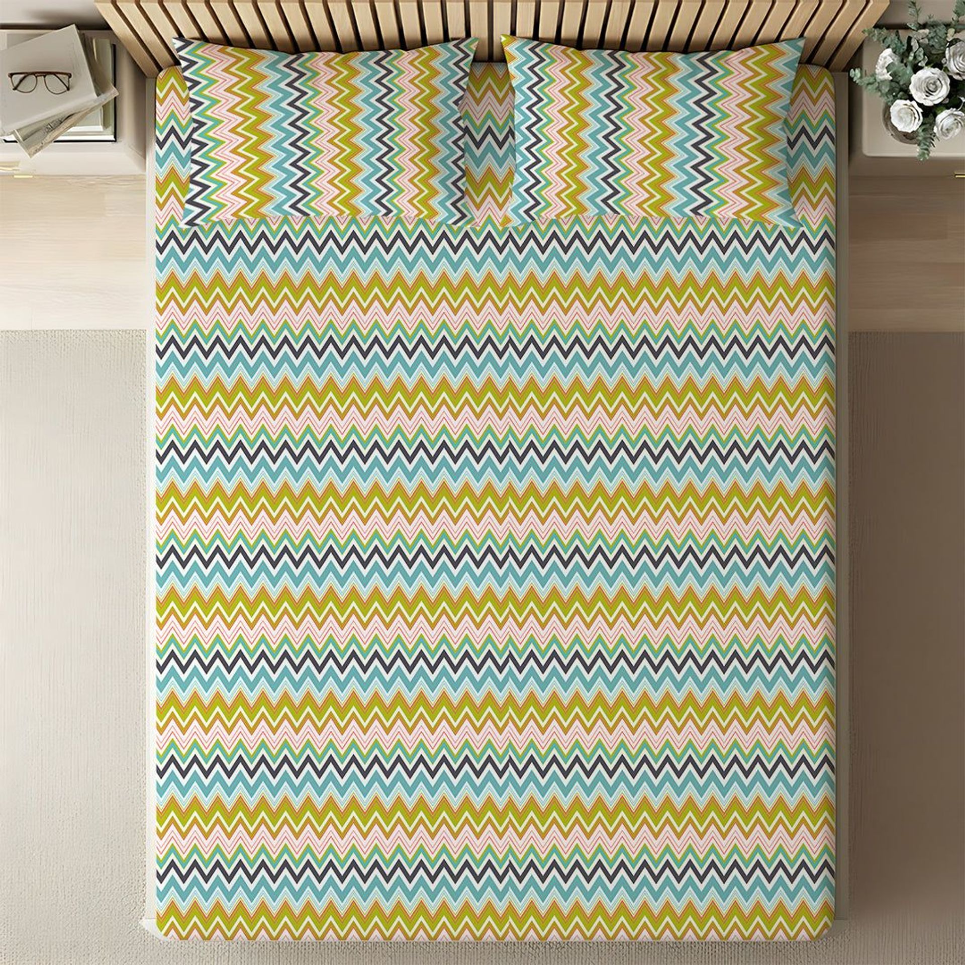 Geometric 144 TC 100% Cotton Orange Queen Fitted Sheet Set | Pure Nest