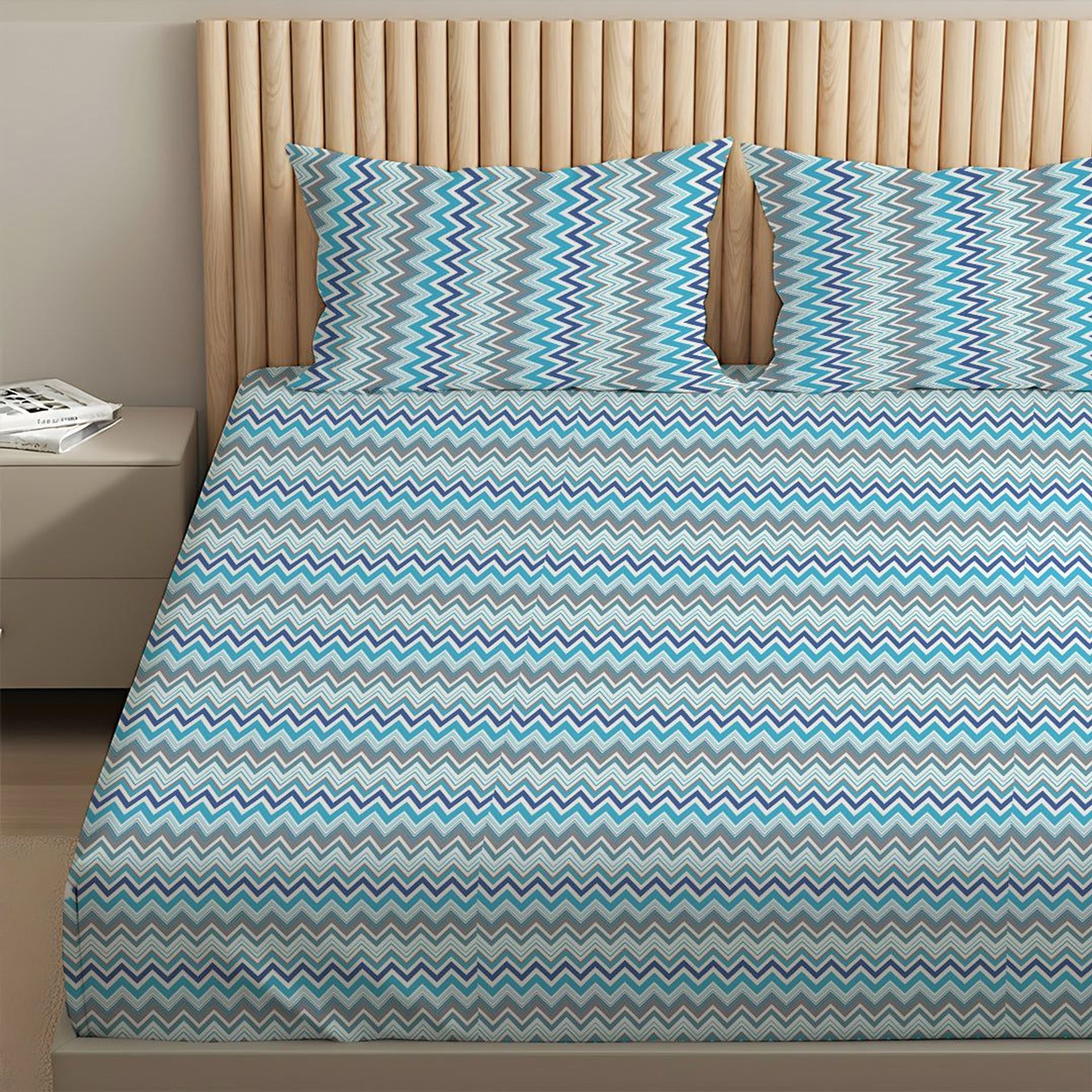Geometric 144 TC 100% Cotton Blue Queen Fitted Sheet Set | Pure Nest