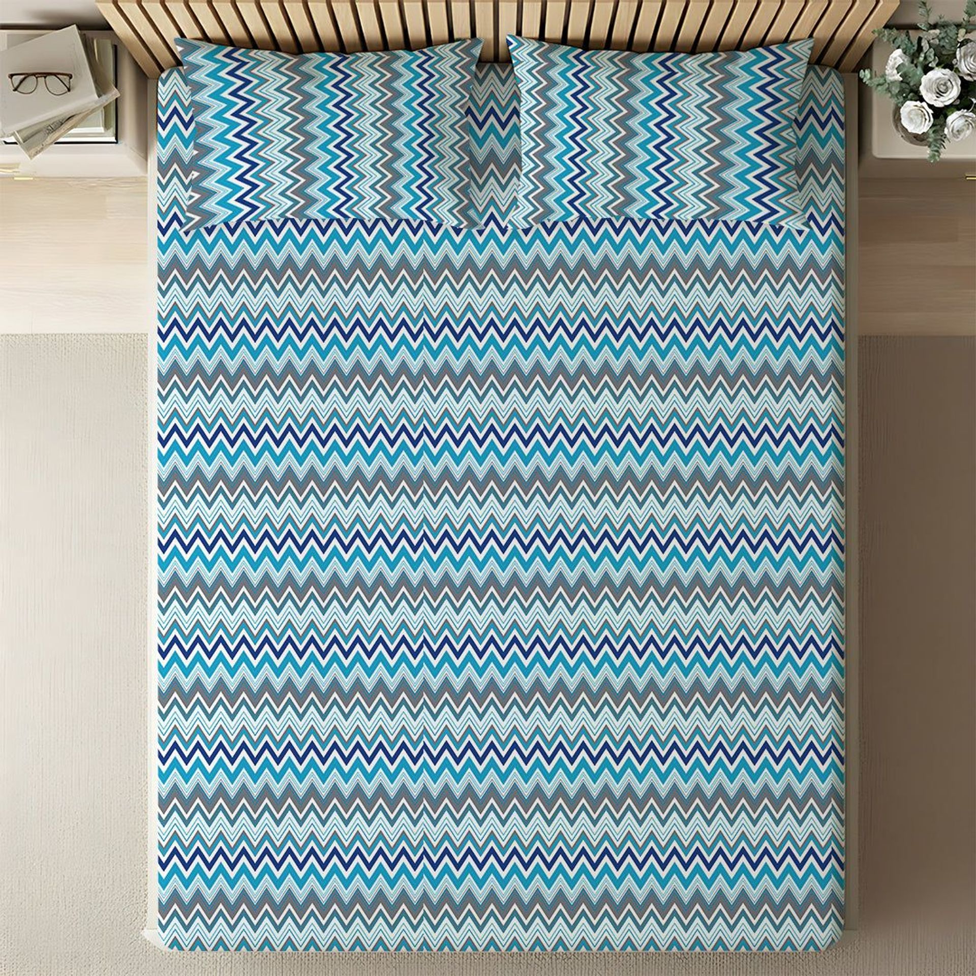 Geometric 144 TC 100% Cotton Blue Queen Fitted Sheet Set | Pure Nest