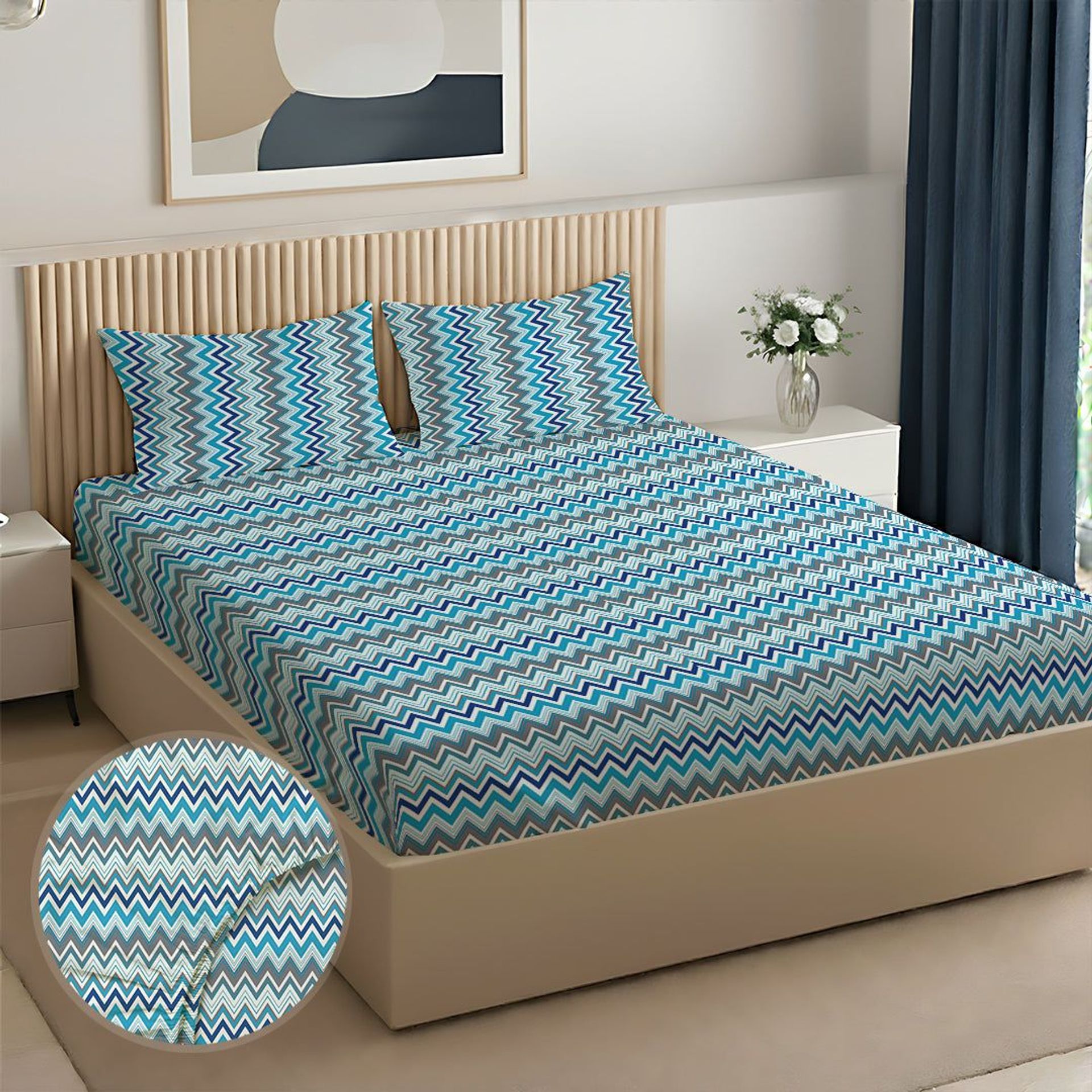 Geometric 144 TC 100% Cotton Blue Queen Fitted Sheet Set | Pure Nest