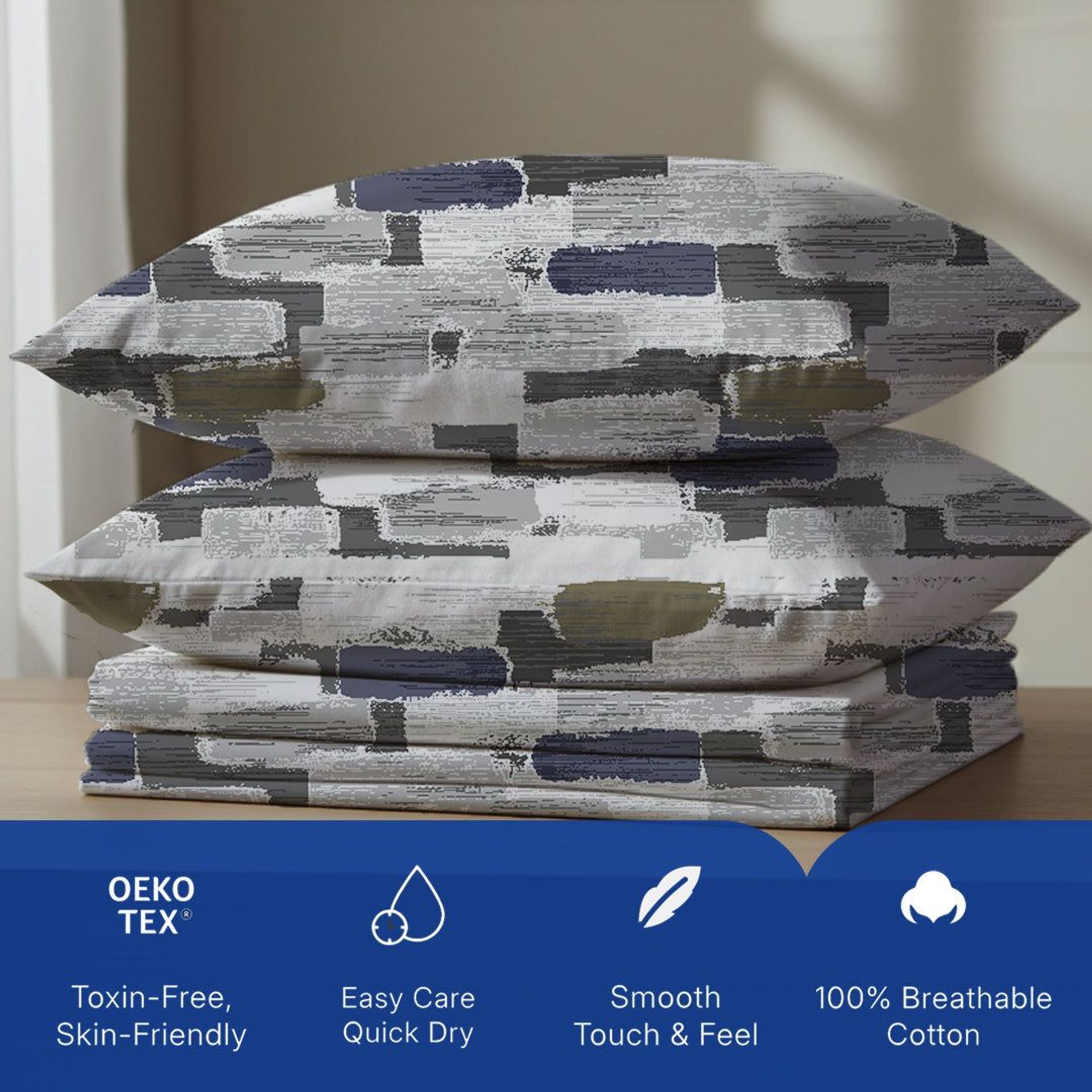 Geometric 120 GSM Microfibre Blue Olive Queen Bedsheet Set | Serene Nest