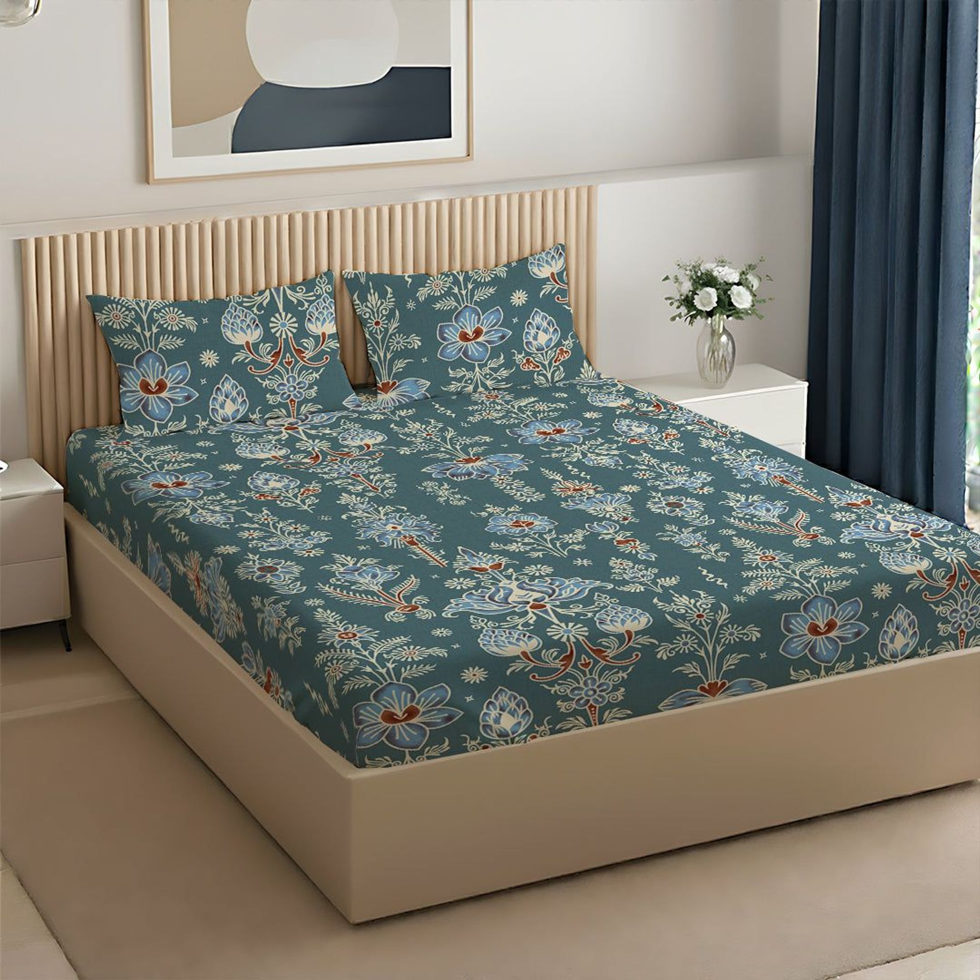 Indian Heritage 120 GSM Microfibre Blue Queen Bedsheet Set | Serene Nest