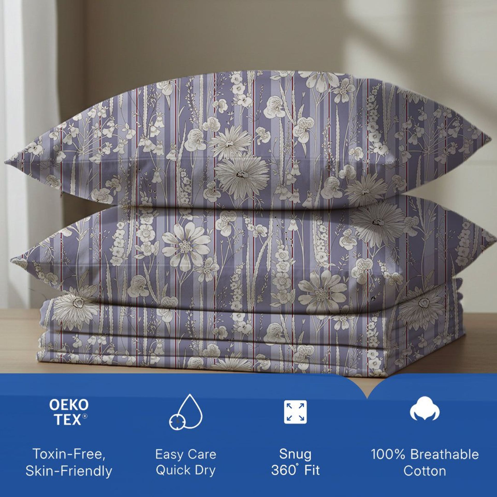 Floral 120 GSM Microfibre Blue Grey King Fitted Sheet Set | Serene Nest
