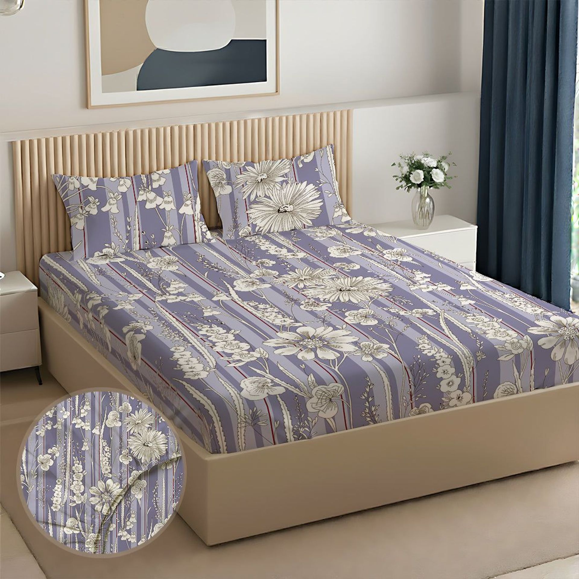 Floral 120 GSM Microfibre Blue Grey Queen Fitted Sheet Set | Serene Nest