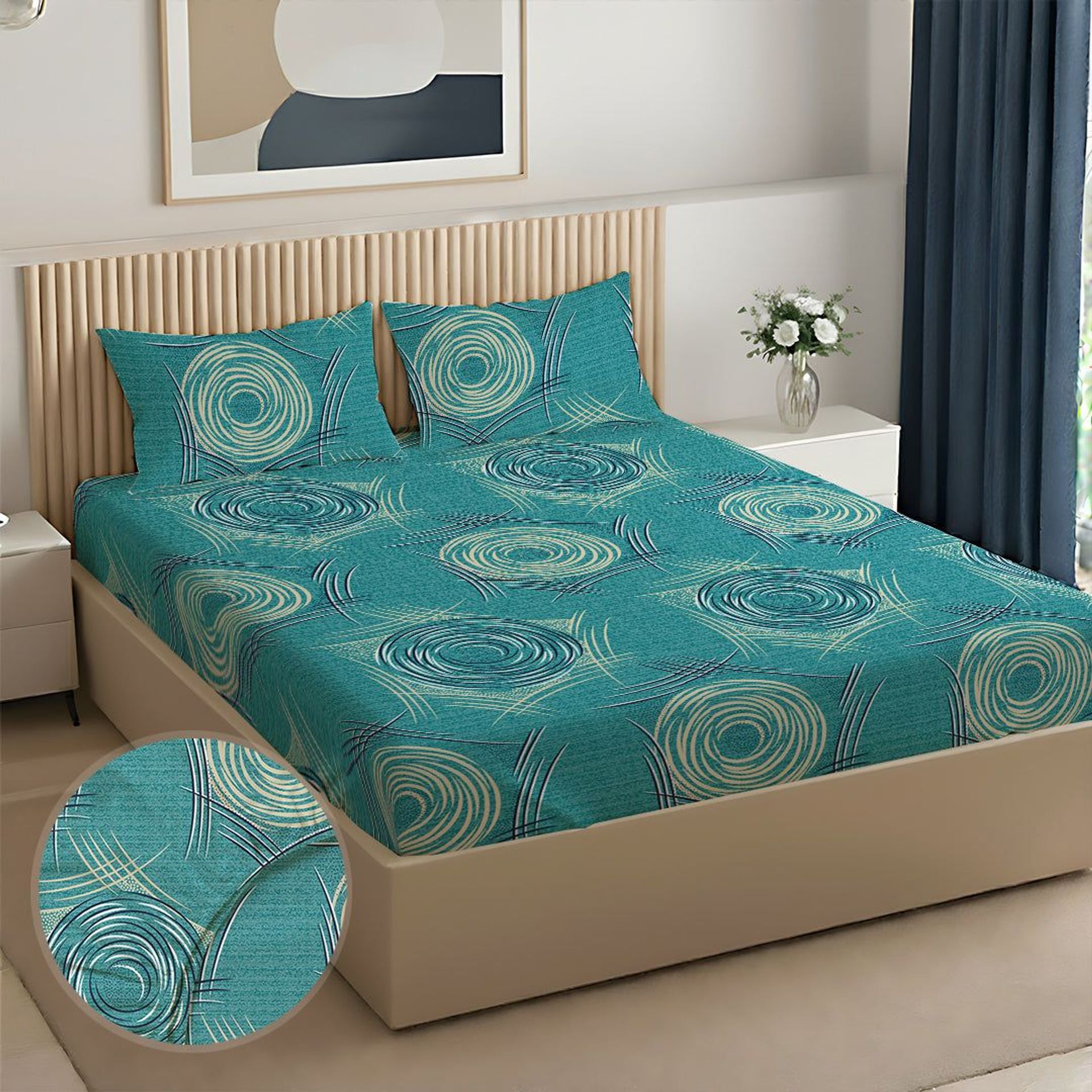 Geometric 120 GSM Microfibre Teal Queen Fitted Sheet Set | Serene Nest