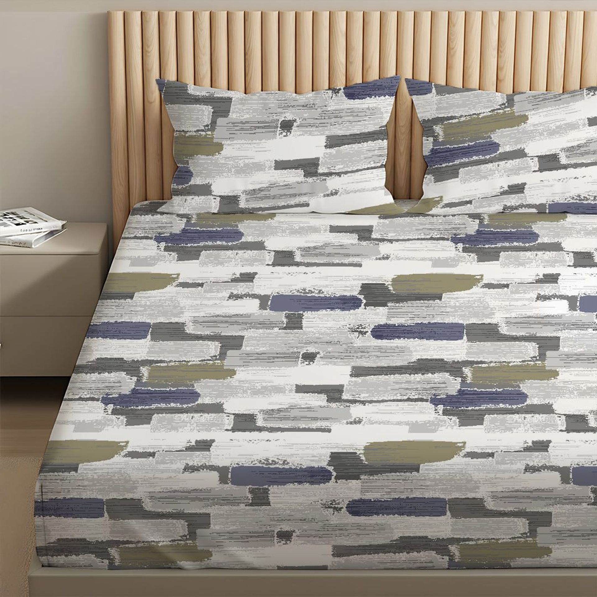 Geometric 120 GSM Microfibre Blue Olive King Fitted Sheet Set | Serene Nest