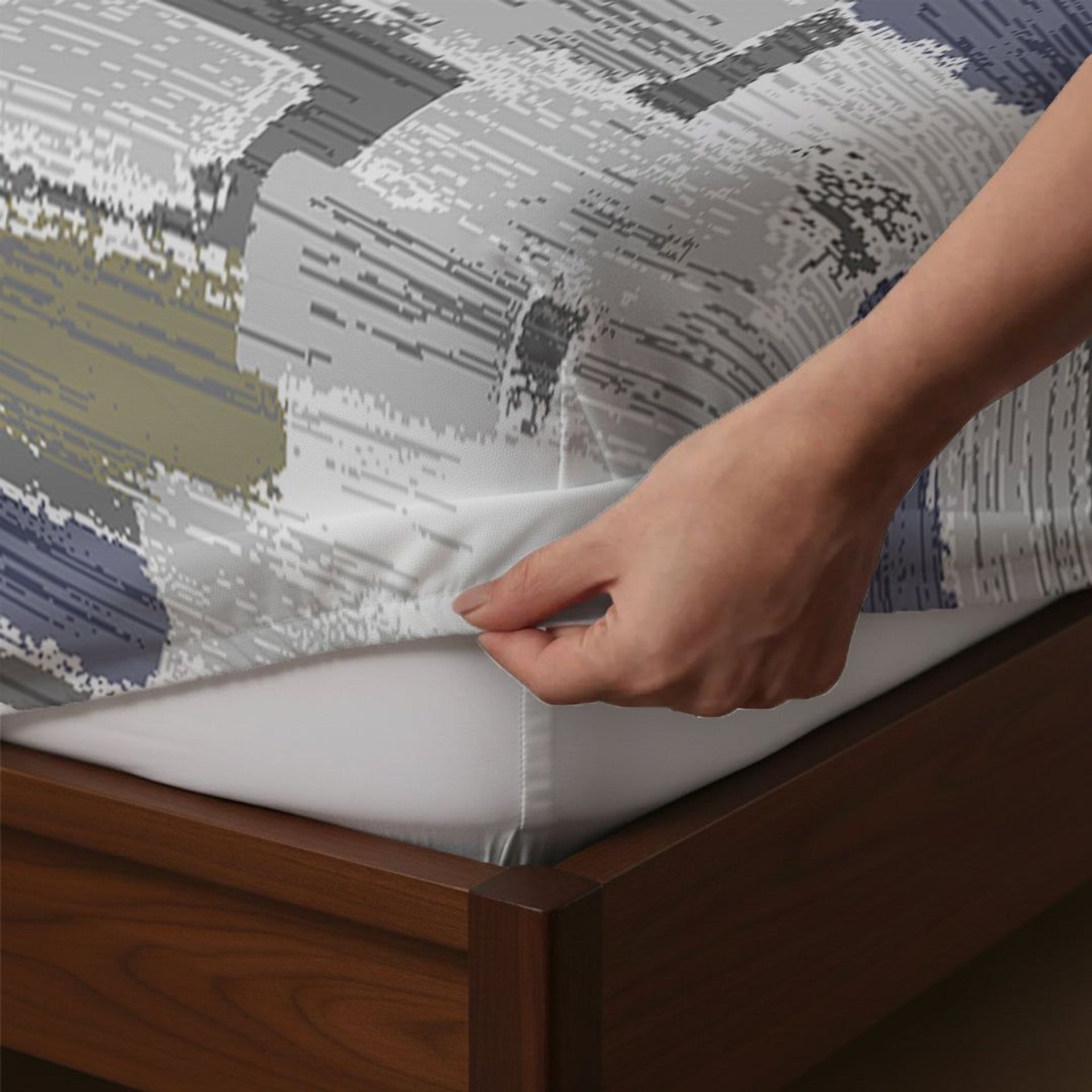 Geometric 120 GSM Microfibre Blue Olive King Fitted Sheet Set | Serene Nest