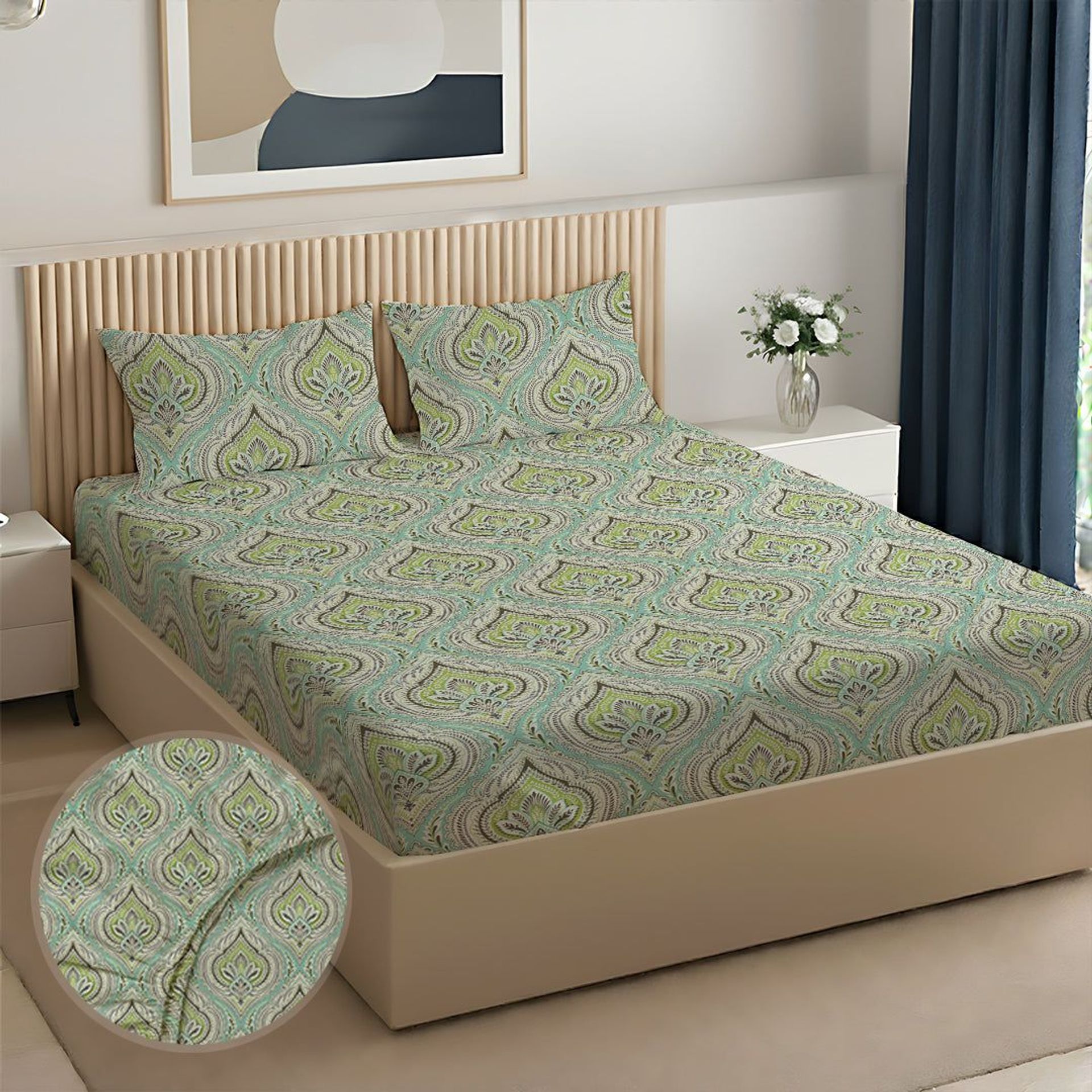Indian Heritage 120 GSM Microfibre Muted Green King Fitted Sheet Set | Serene Nest
