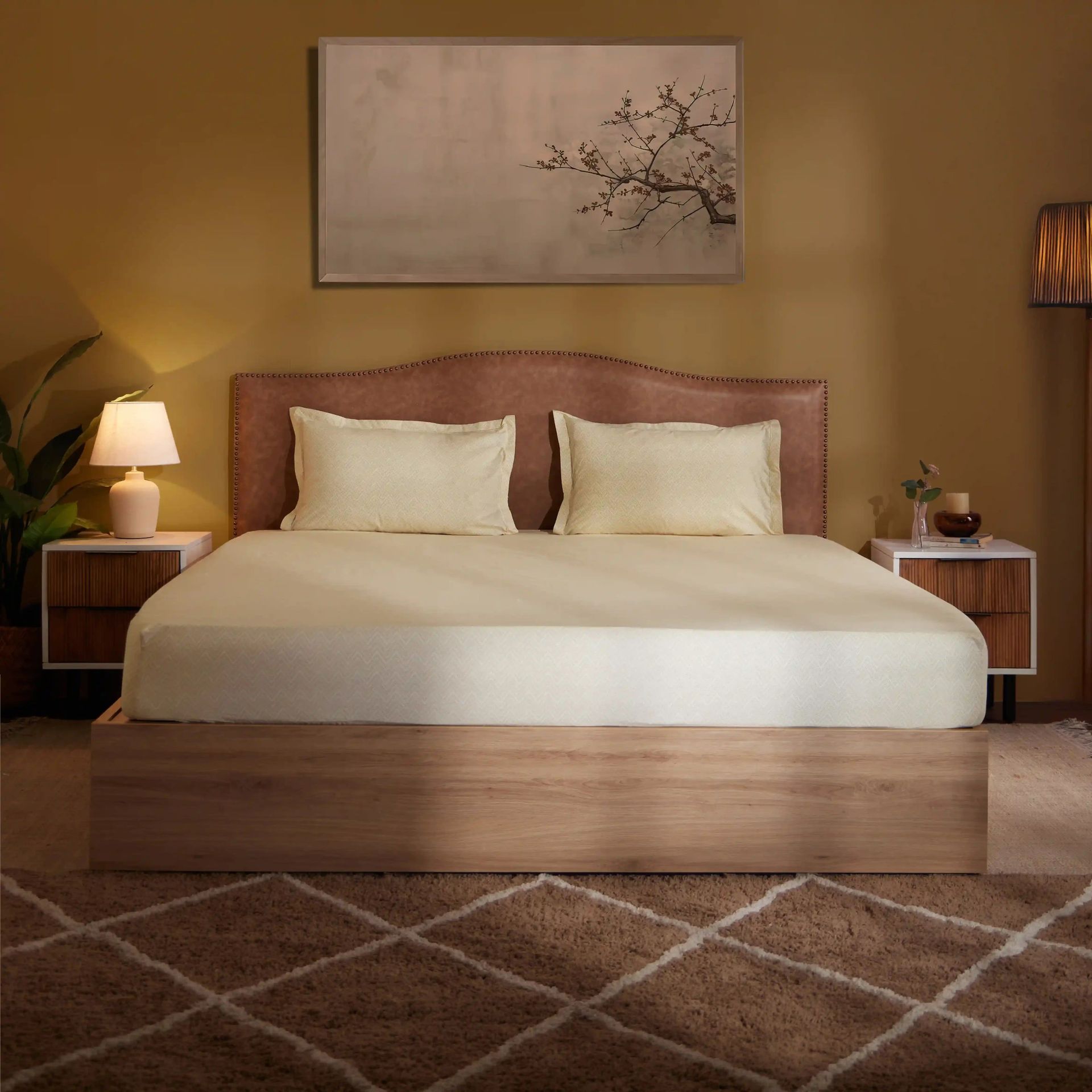 Geometric 200 TC 100% Cotton Beige Super King Bedsheet Set | Threadscapes
