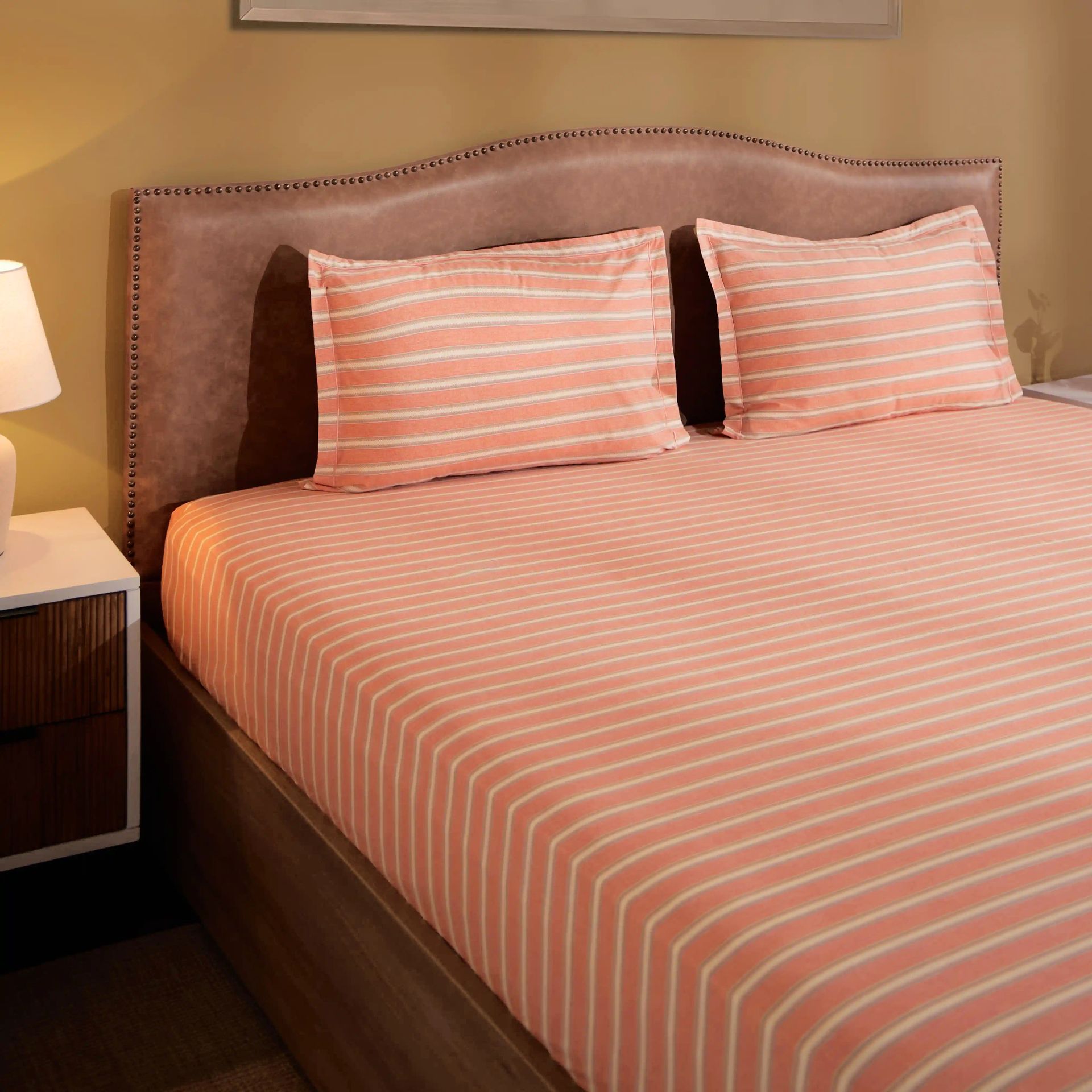 Geometric 200 TC Cotton Peach King Fitted Sheet Set | Threadscapes