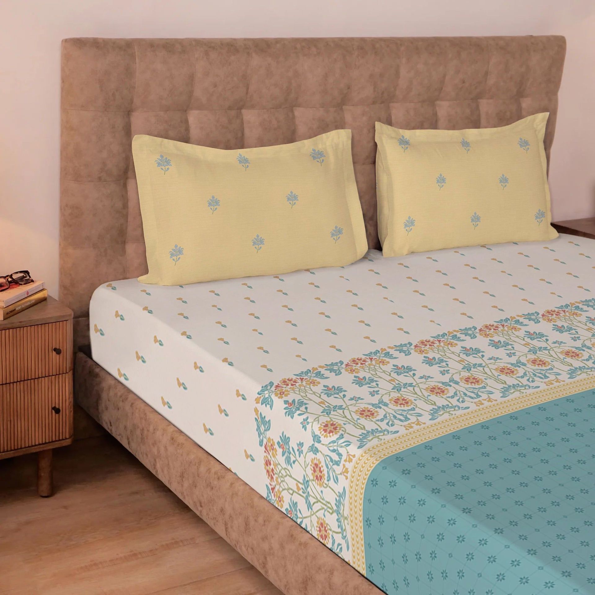 Indian Heritage 220 TC 100% Premium Cotton Midnight Teal Super King Bedsheet Set | Udyan Tales