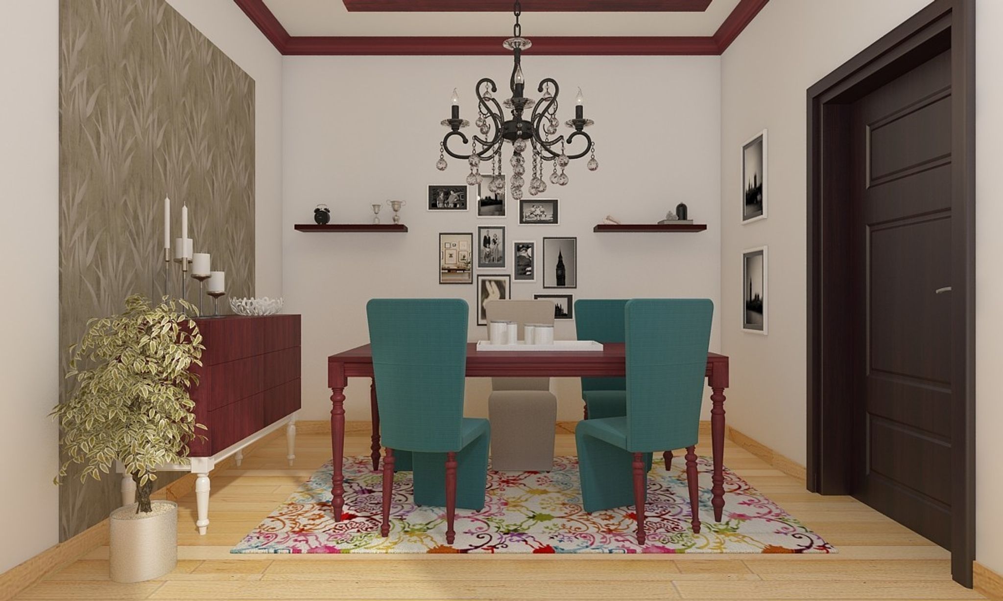 Teal And Off-White Dining Room Design With 6 Chairs | Livspace