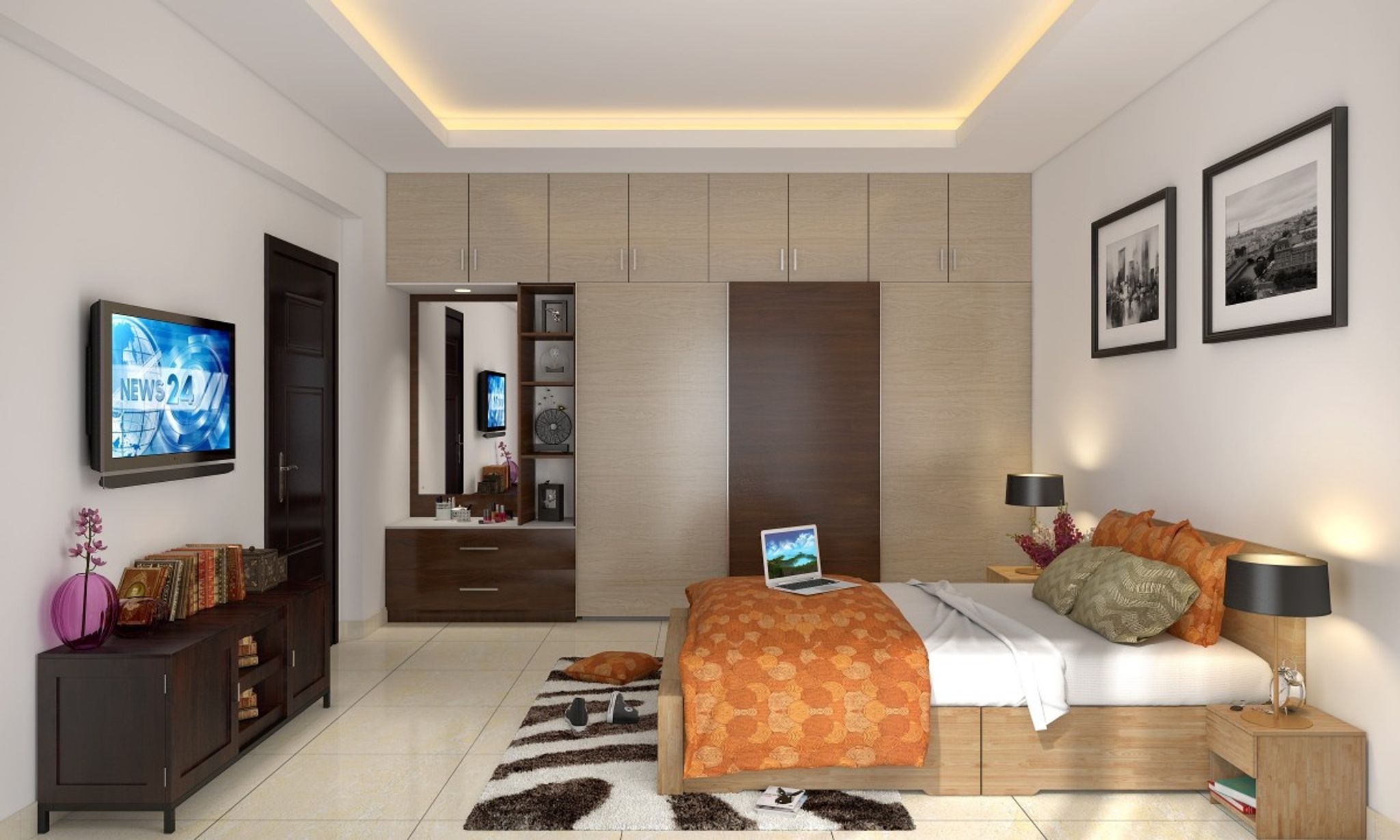 Contemporary White And Brown Master Bedroom Design | Livspace