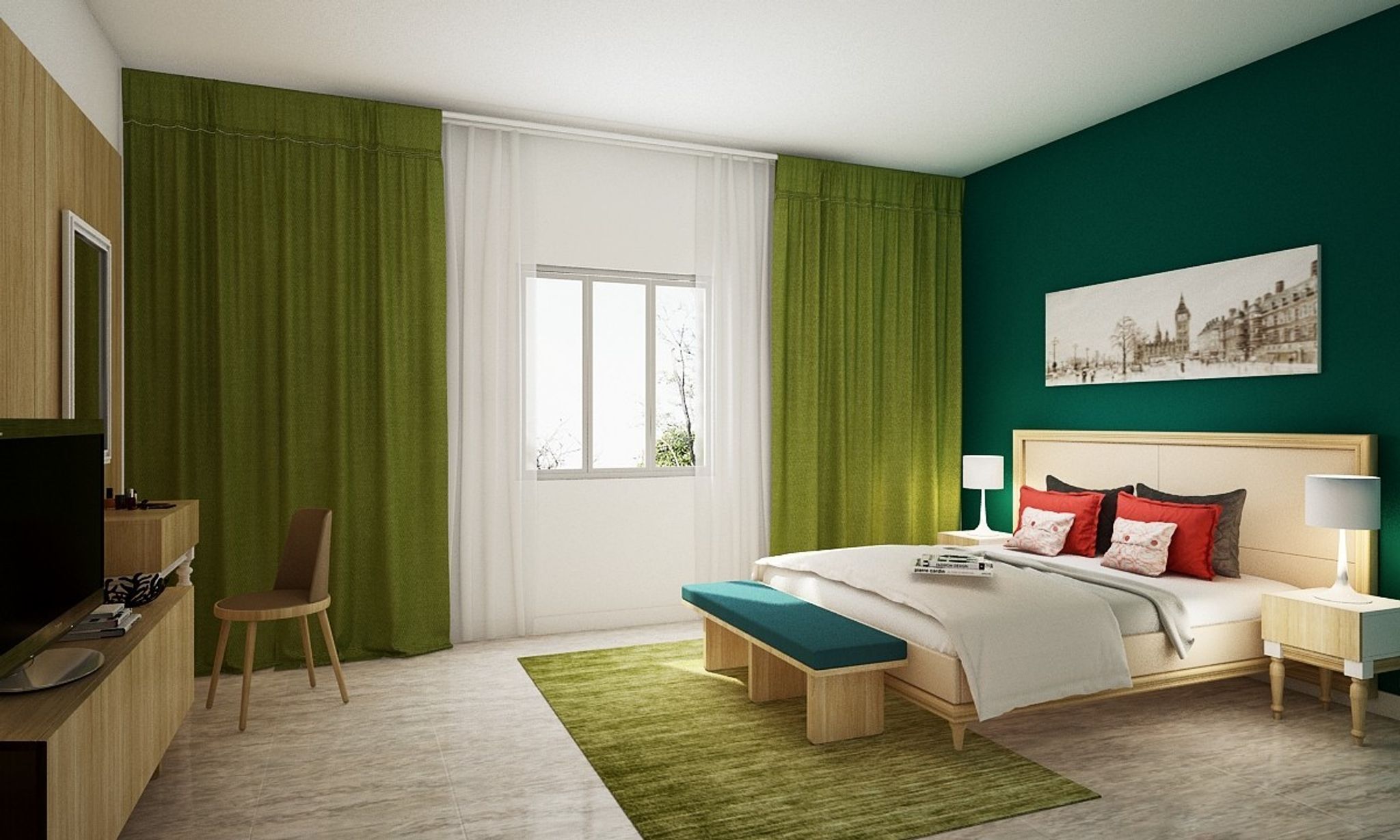 Spacious Master Bedroom Design With Green Accent Wall | Livspace